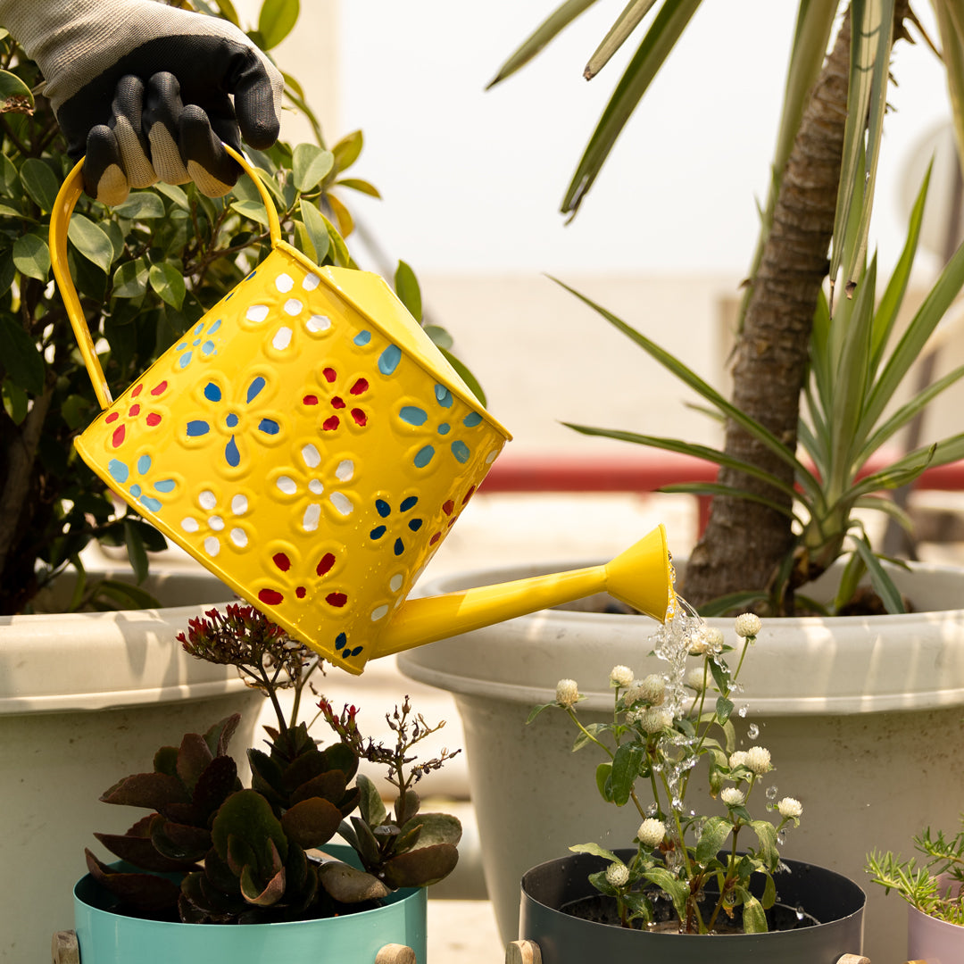 Traditional Watering Can in Floral Print Yellow (Large)