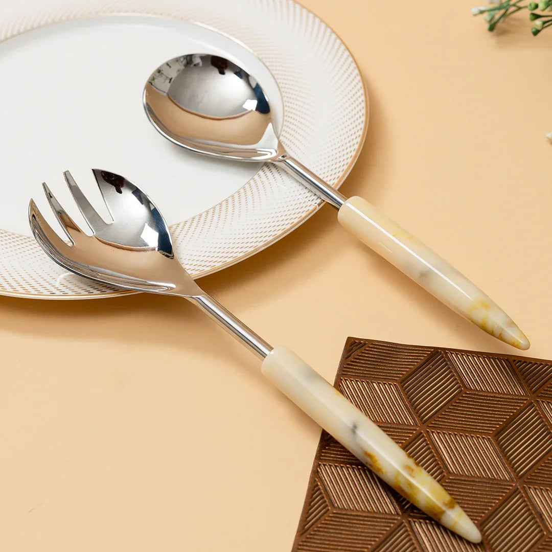 Stainless Steel Spoon & Fork Set with Marble Finish Handle