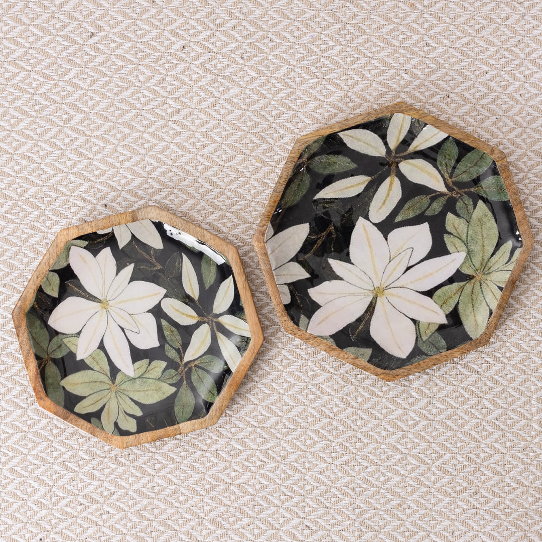 Handcrafted Mango-Wood Rangoon Green Printed Platters Tray-Set Of 2
