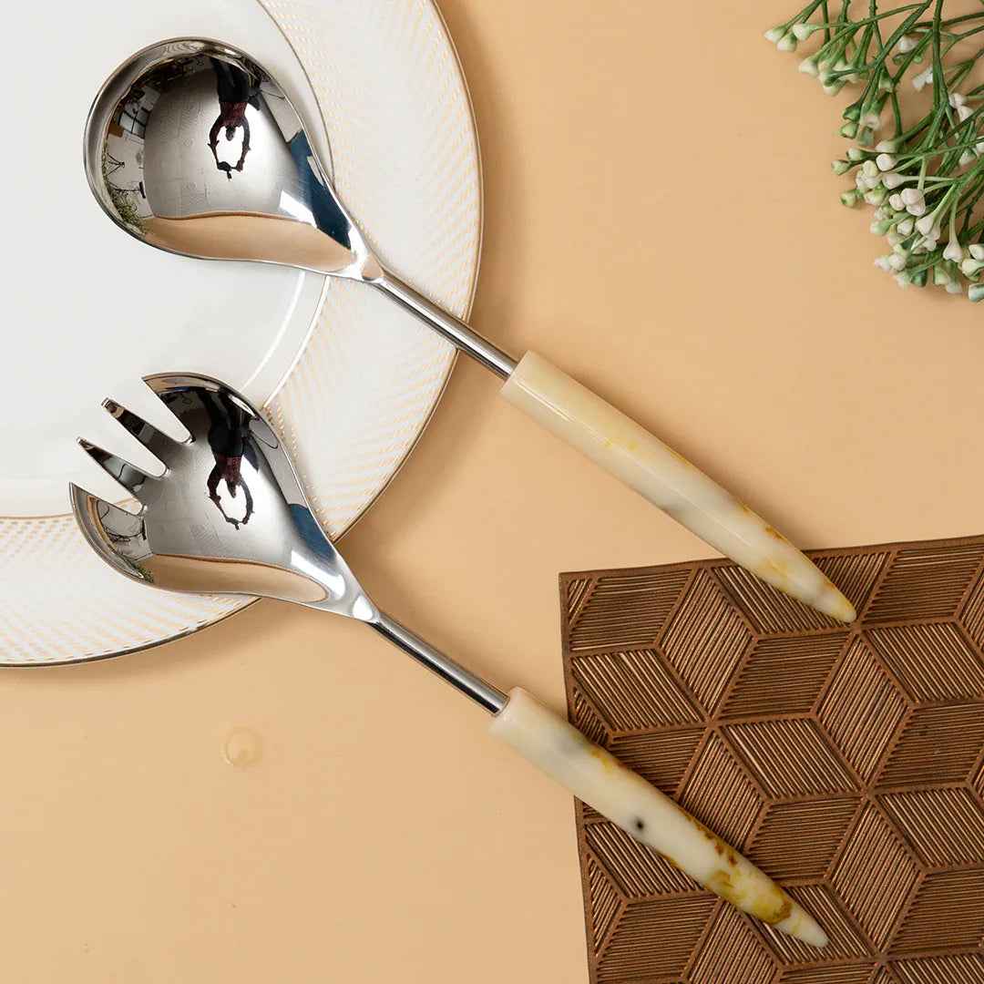 Stainless Steel Spoon & Fork Set with Marble Finish Handle