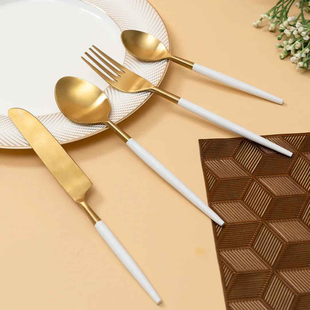 Premium Gold Stainless Steel Cutlery Set with White Marble Handle