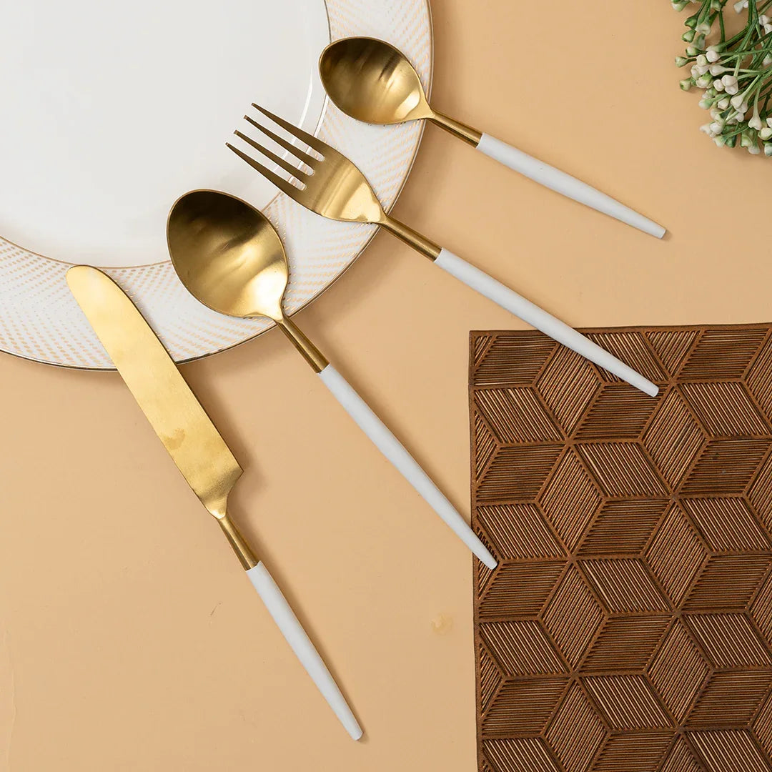 Gold Head Pvd Coated White-Powder Handle Stainless Steel Cutlery Set Of 4