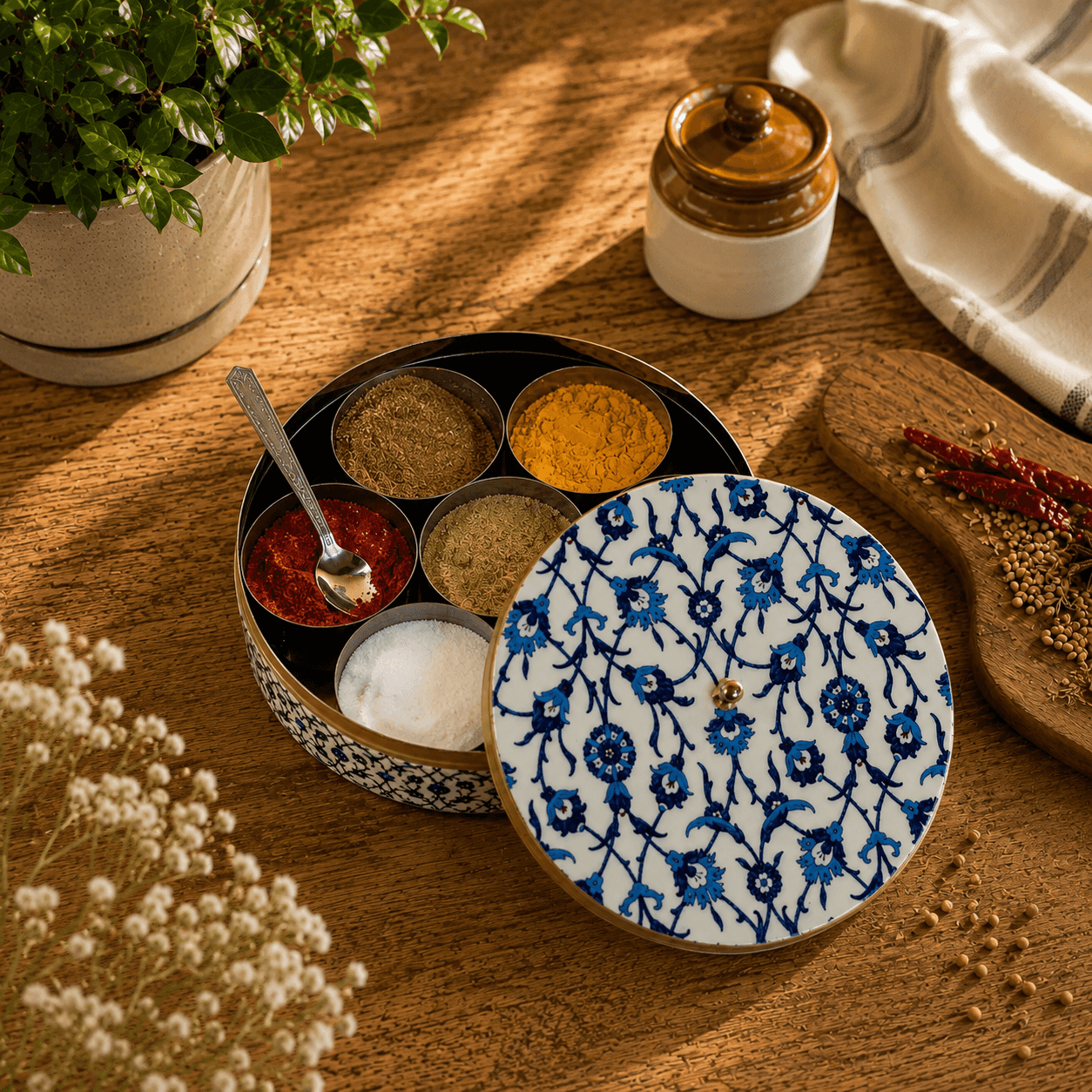 Premium Stainless Steel Masala Box (Spice Box) in Wildfloral Design