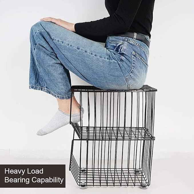 Stackable Rolling Metal Wire Basket With Wheels And Cover (2 Tier) In black For Kitchen Decor