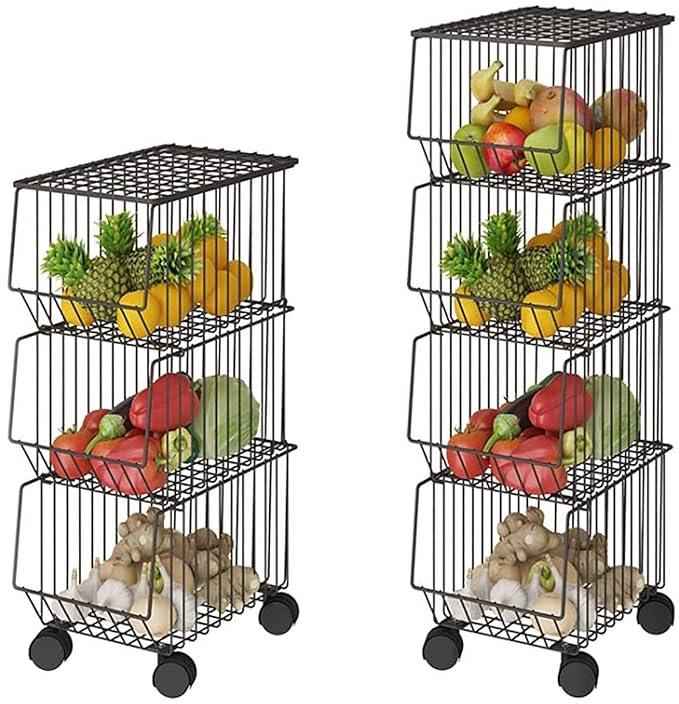 Premium 4-Tier Metal Wire Storage Basket with Wheels in Black
