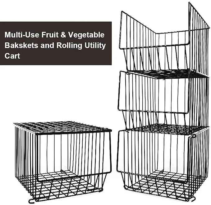 Premium 4-Tier Metal Wire Storage Basket with Wheels in Black