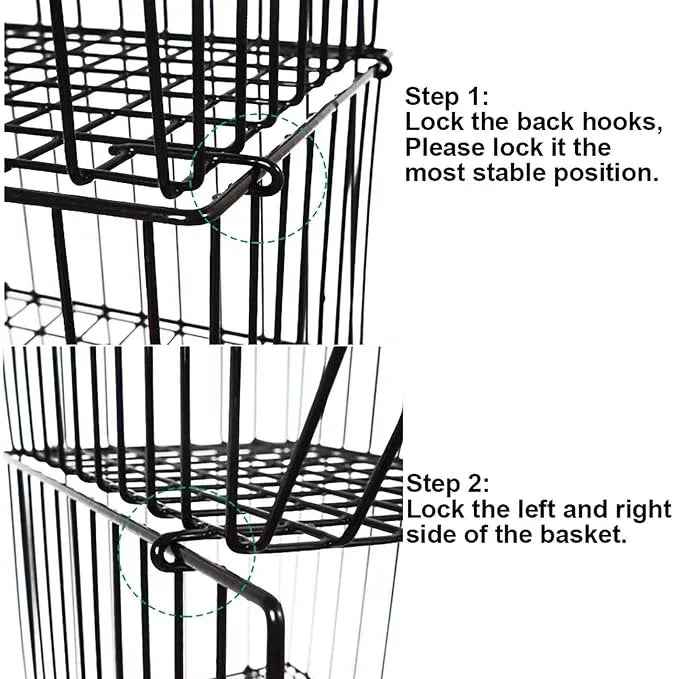 Stackable Rolling Metal Wire Basket With Wheels And Cover (2 Tier) In black For Kitchen Decor
