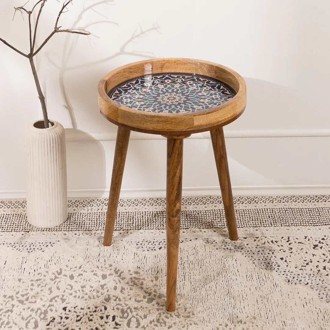 Mango Wood Round Side Table For Living Room In Mandala - End Table for Tea & Coffee