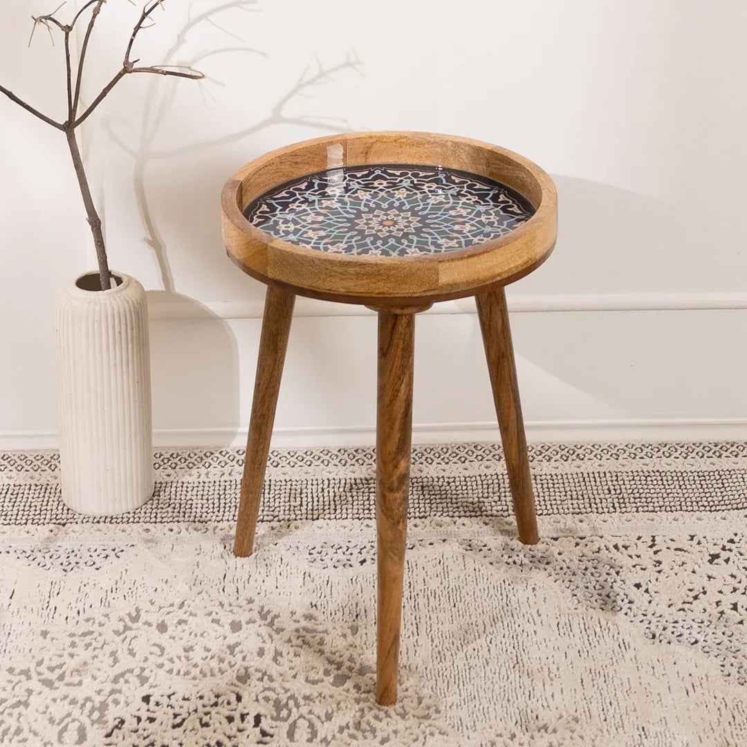 Mango Wood Round Side Table For Living Room In Mandala