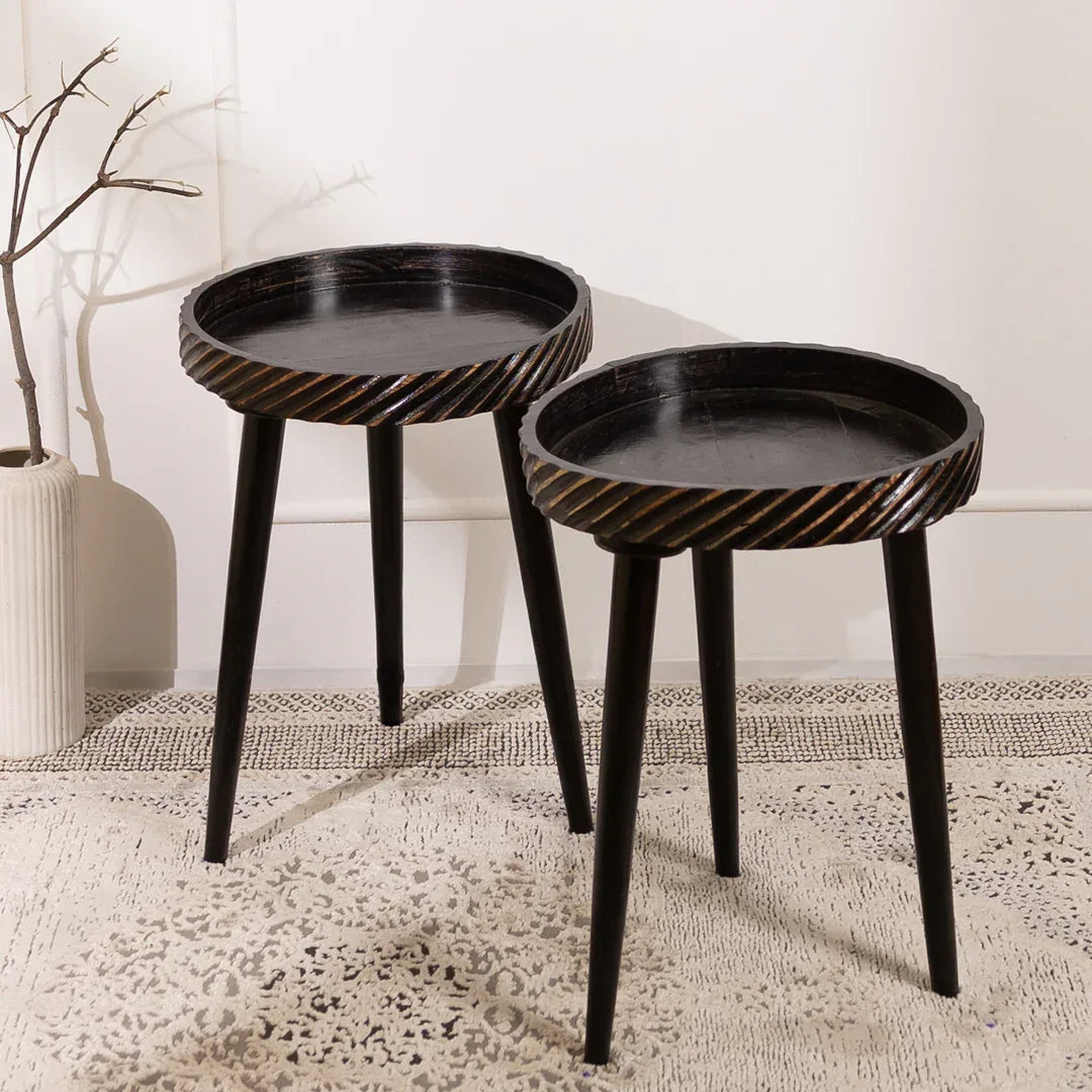 Mango Wood Round Side Table Set with Black Charcoal Cut Pattern