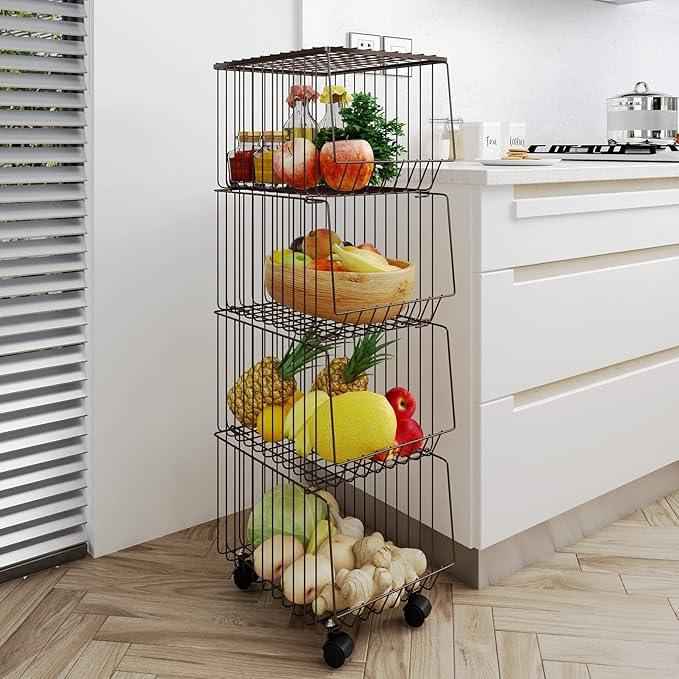 Premium 4-Tier Metal Wire Storage Basket with Wheels in Black