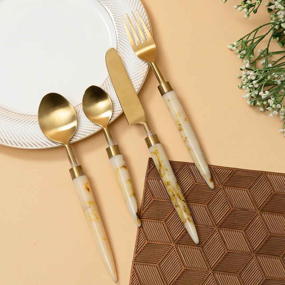 Designer Gold Stainless Steel Cutlery Set with Marble Handle