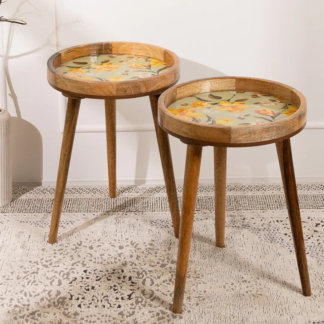 Wooden Nesting Side Table Set with Yellow Floral Print Tray Top for Living Room