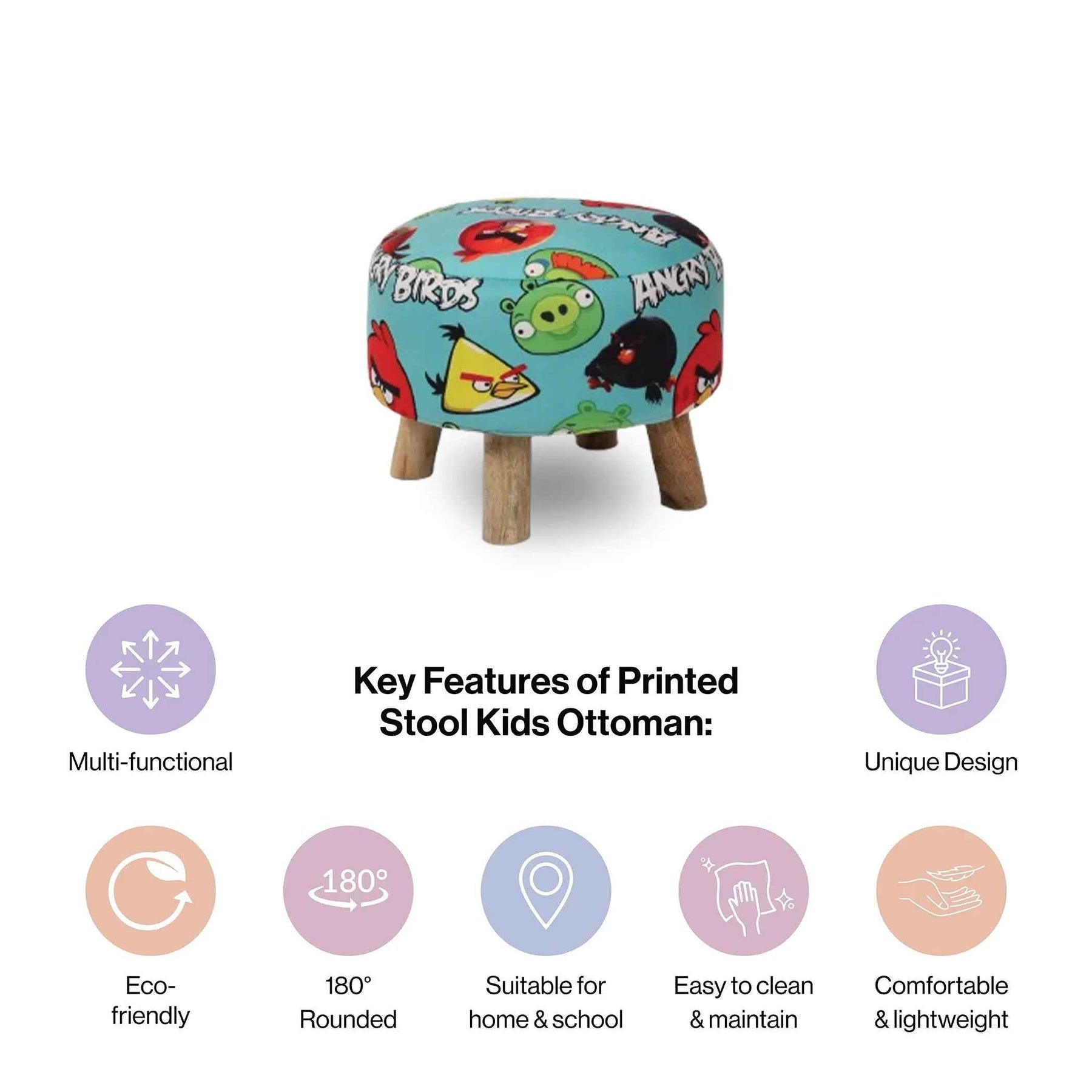 Kids Printed Round Ottoman Stool in Angry Bird Edition