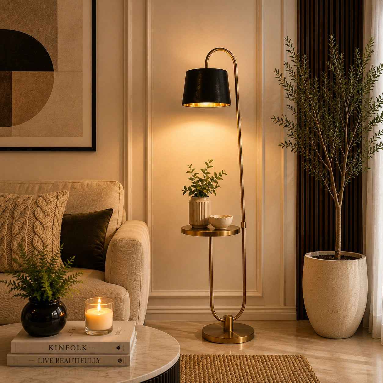 Antique Brass Metal Floor Lamp with Shade Bedroom