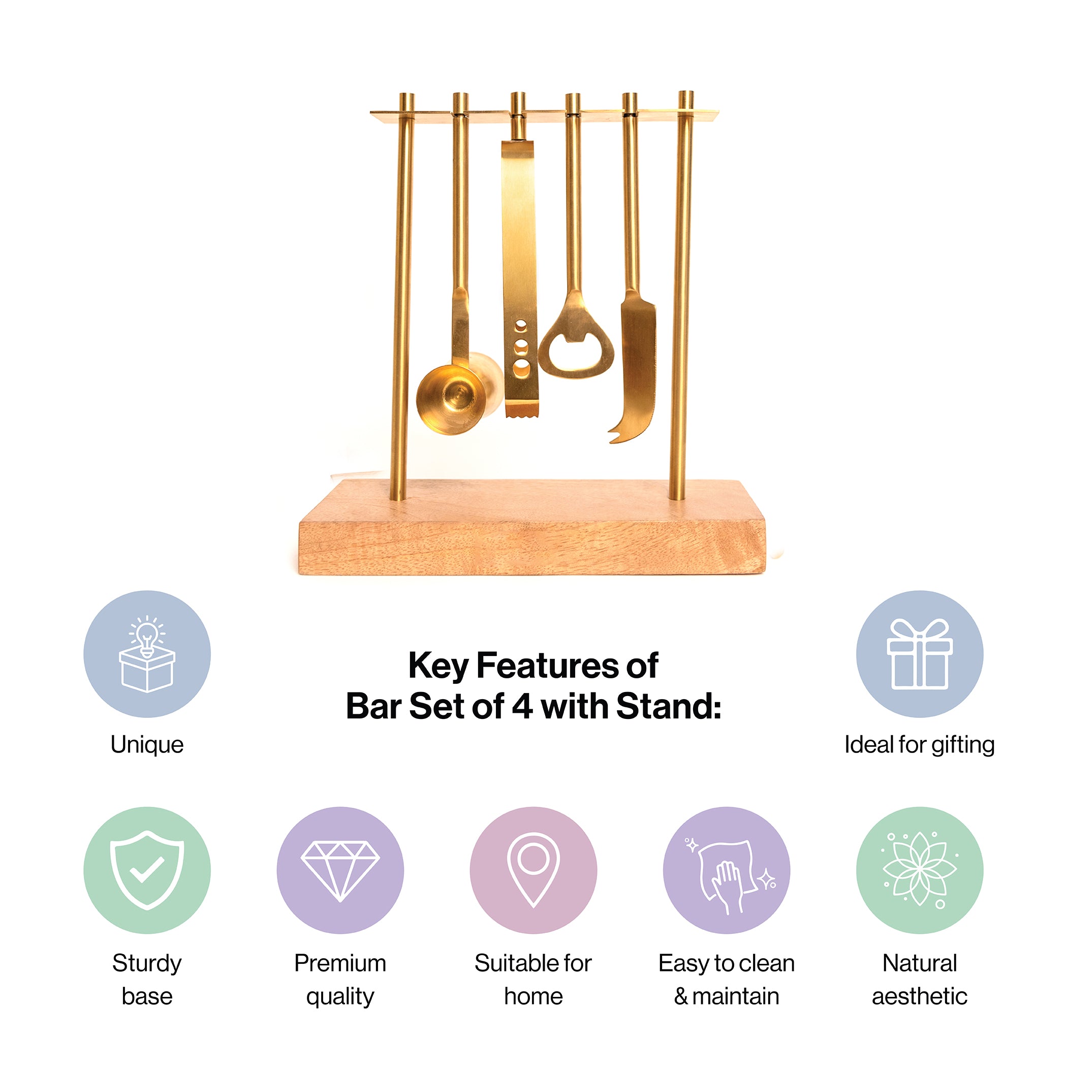 Bar Set Of 4 With Stand Gold PVD Coated For Kitchen Decor