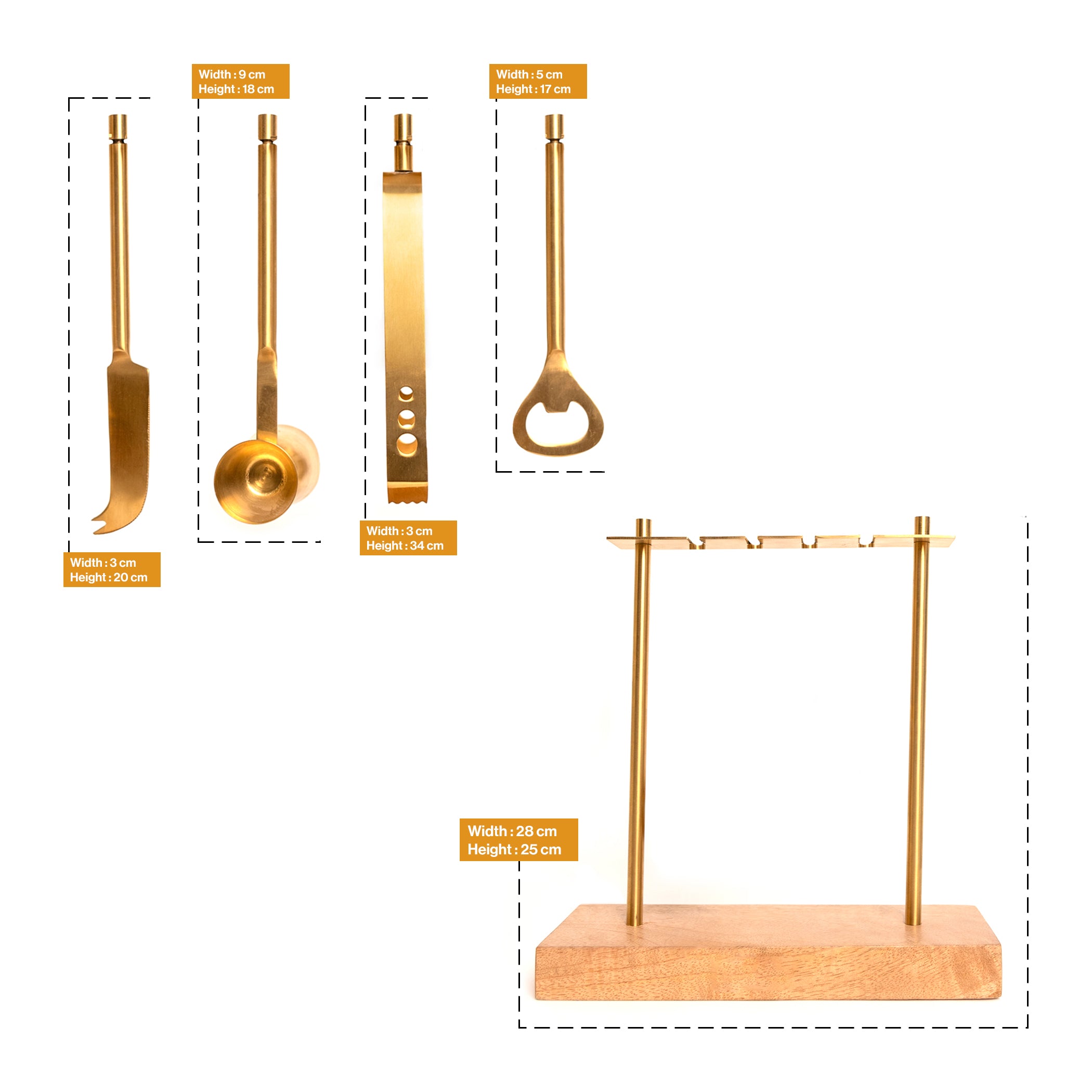 Bar Set Of 4 With Stand Gold PVD Coated For Kitchen Decor