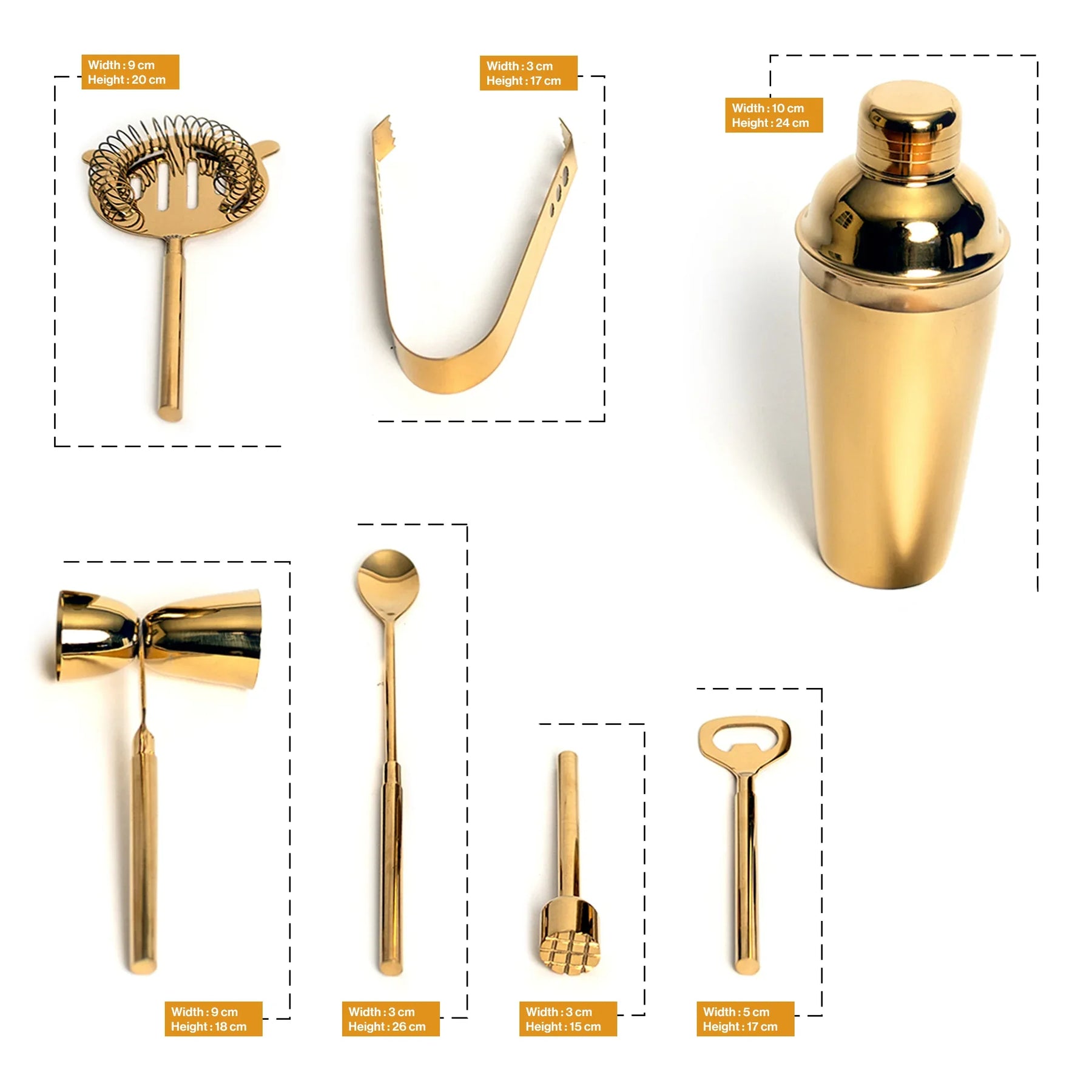 Bar Set Of 7 Gold PVD Coated for Kitchen Decor