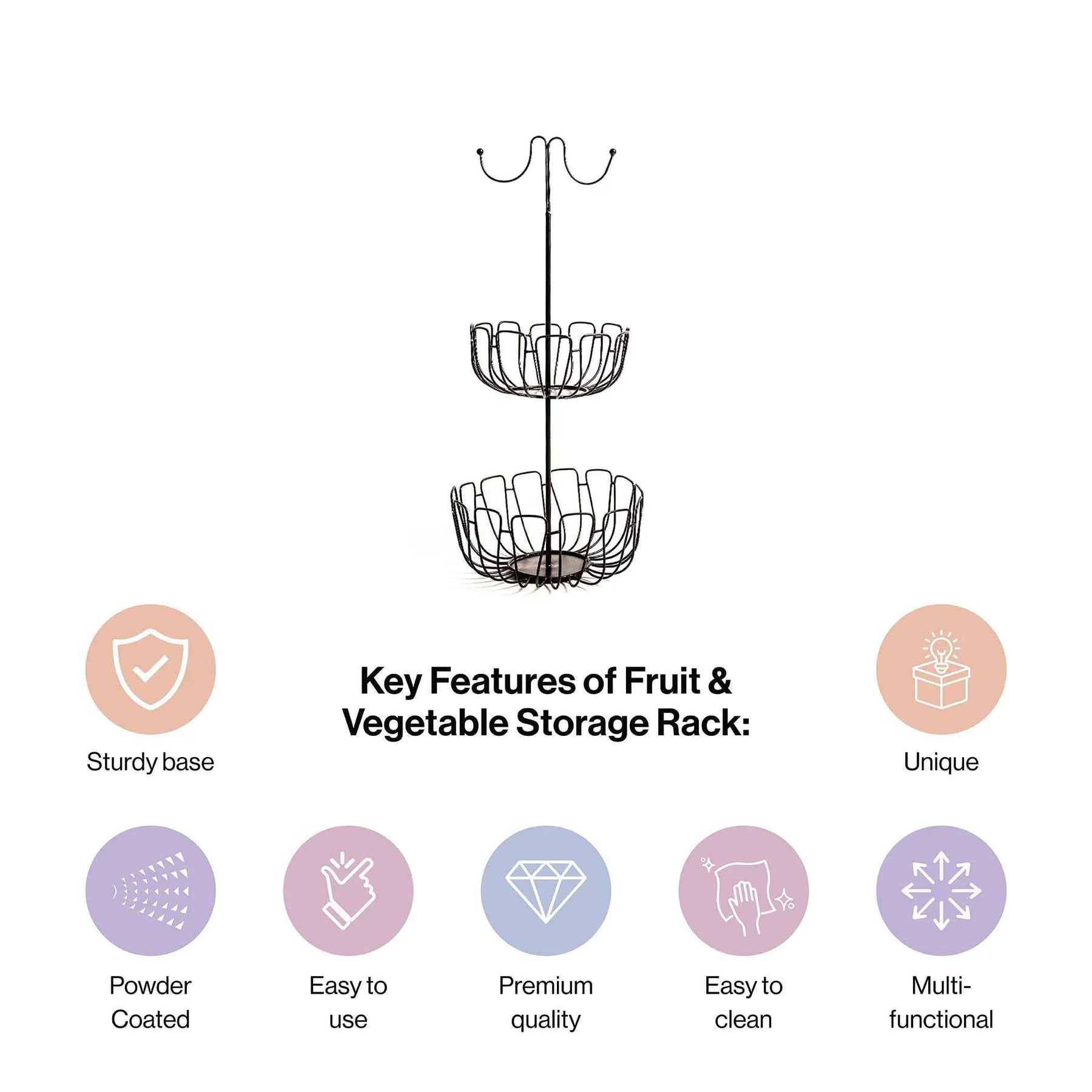 Modern 2-Tier Metal Fruit Basket with Banana Hanger
