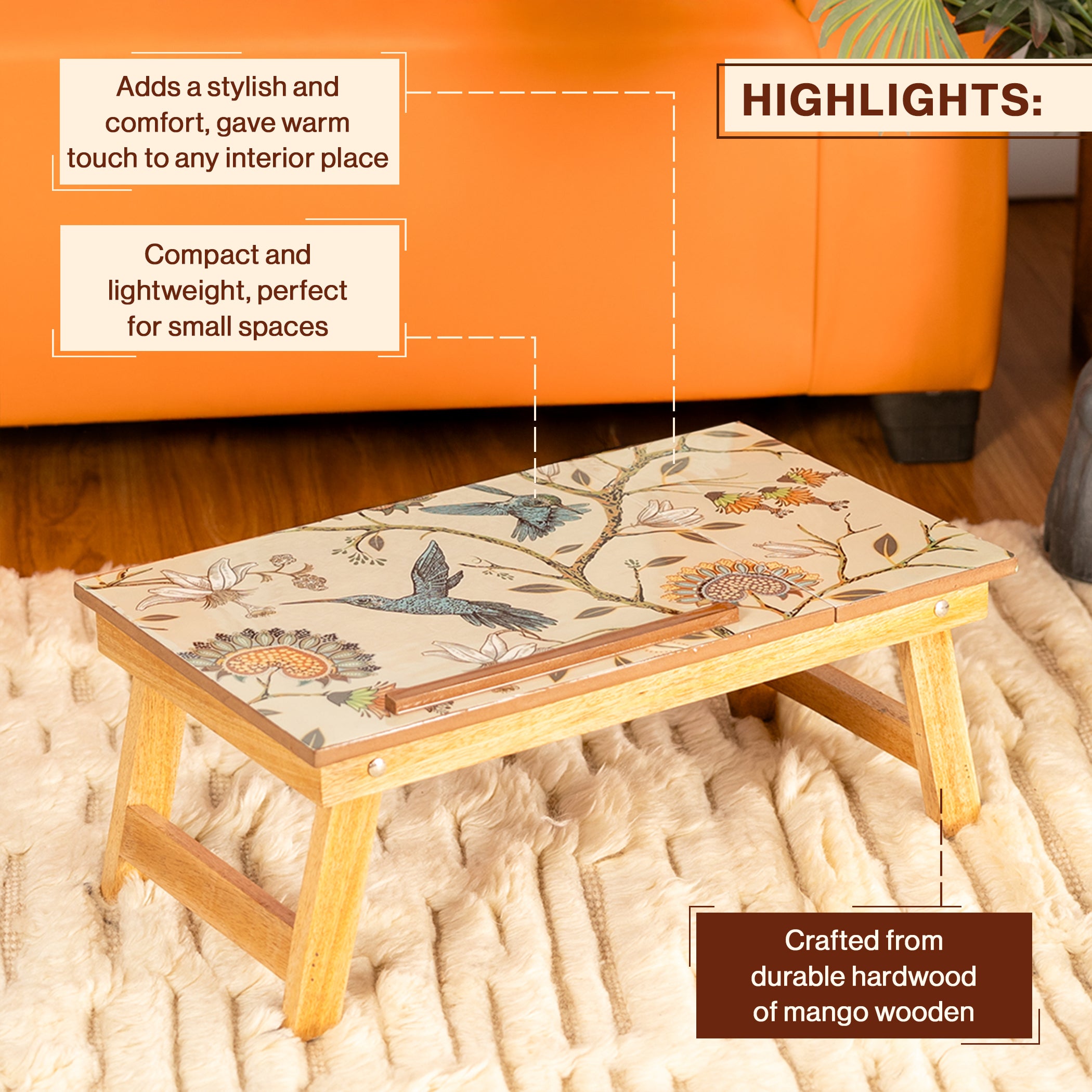 Mango Wood Handmade Folding Laptop Table in Birdflower with Epoxy Resin