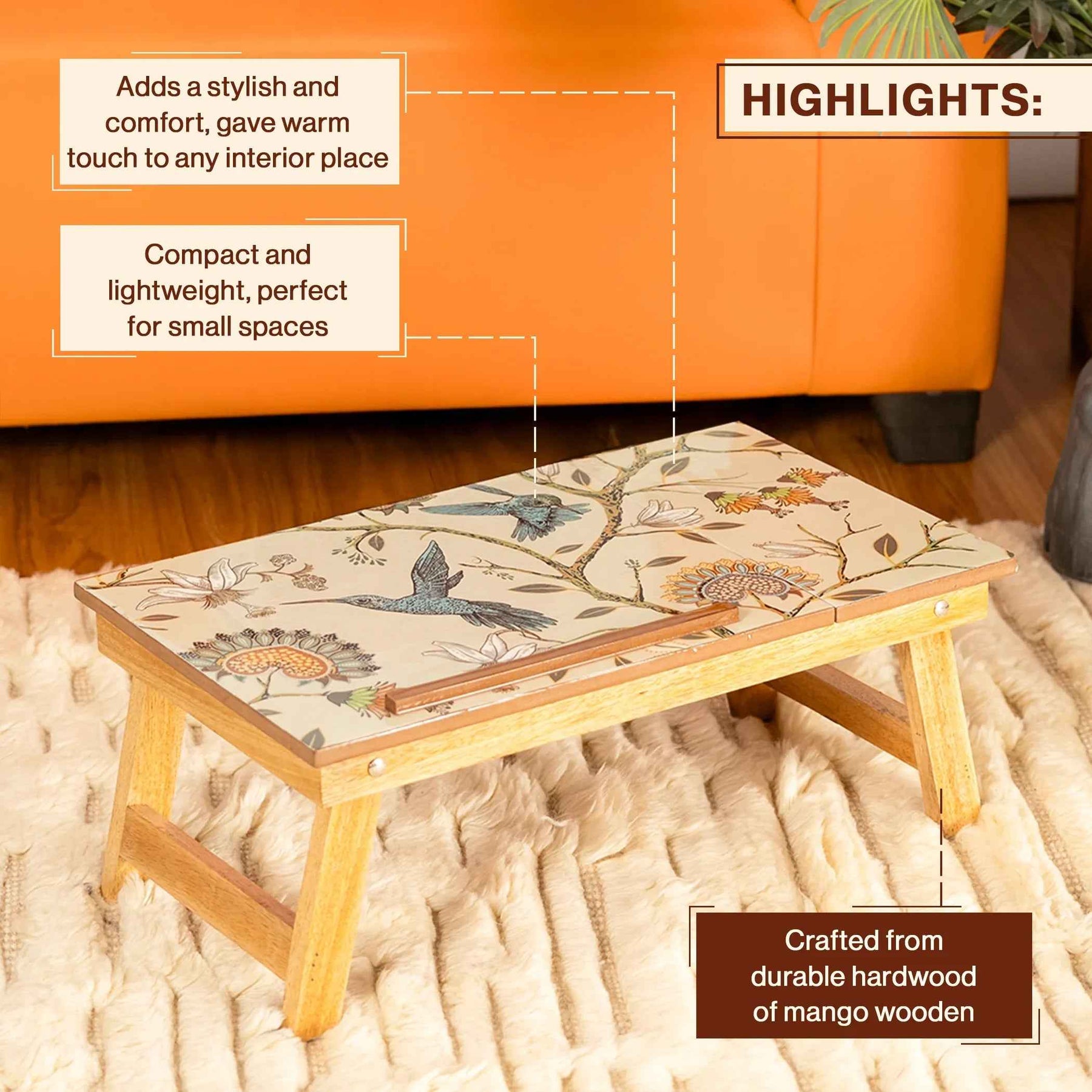 Mango Wood Handmade Folding Laptop Table in Birdflower with Epoxy Resin