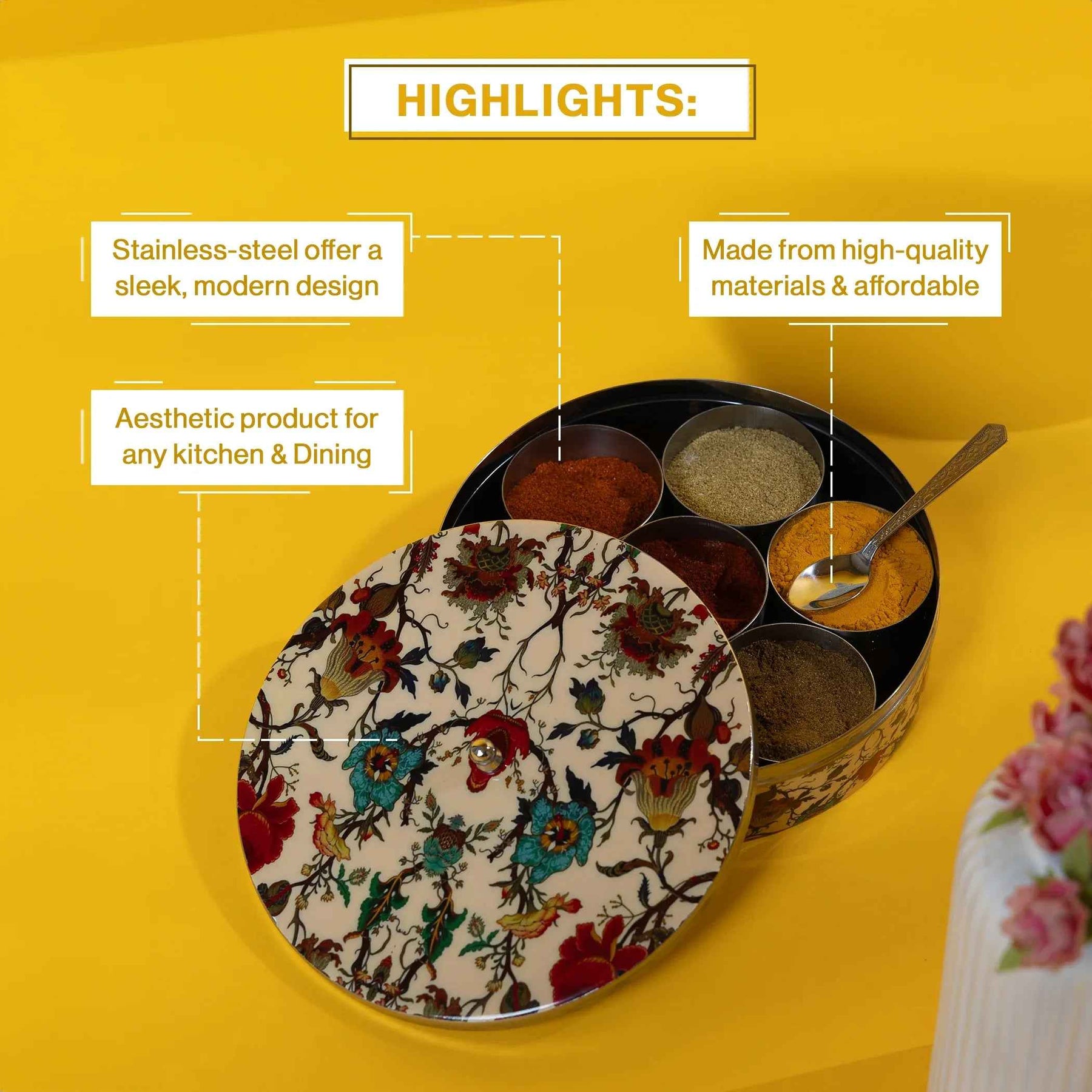 Premium Stainless Steel Masala Box (Spice Box) in Botanical Floral Design