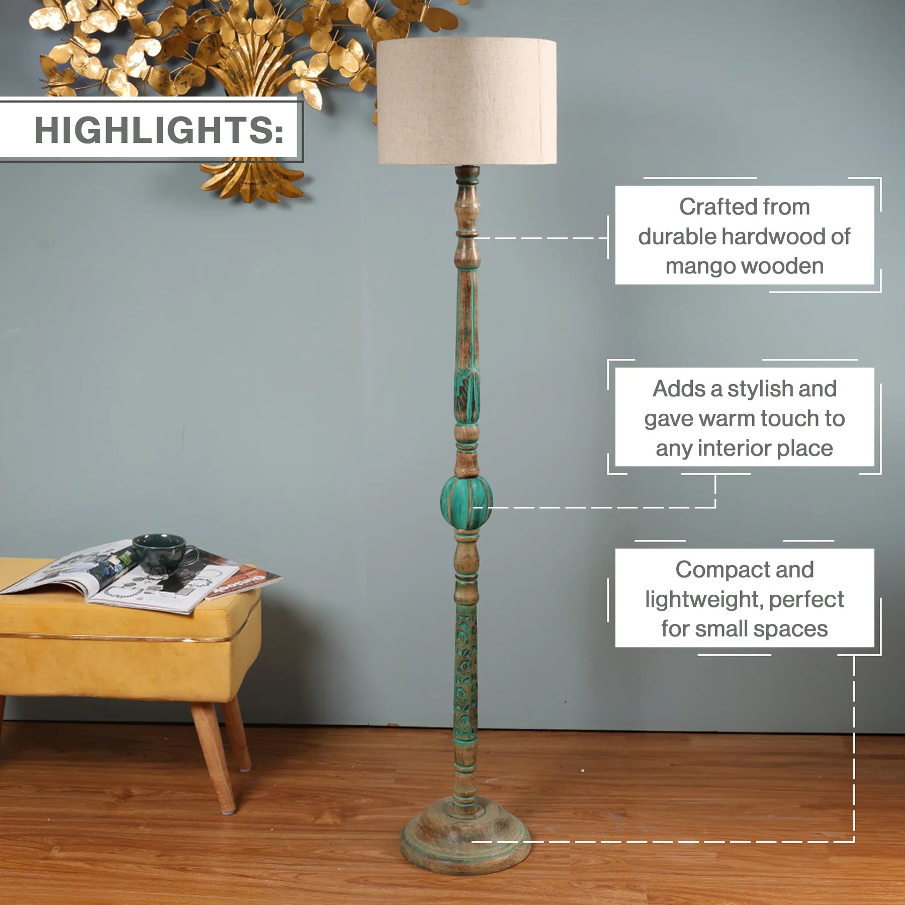 Wooden Floor Lamp with Shades for Living Room – Tall Vintage Standing Lamp