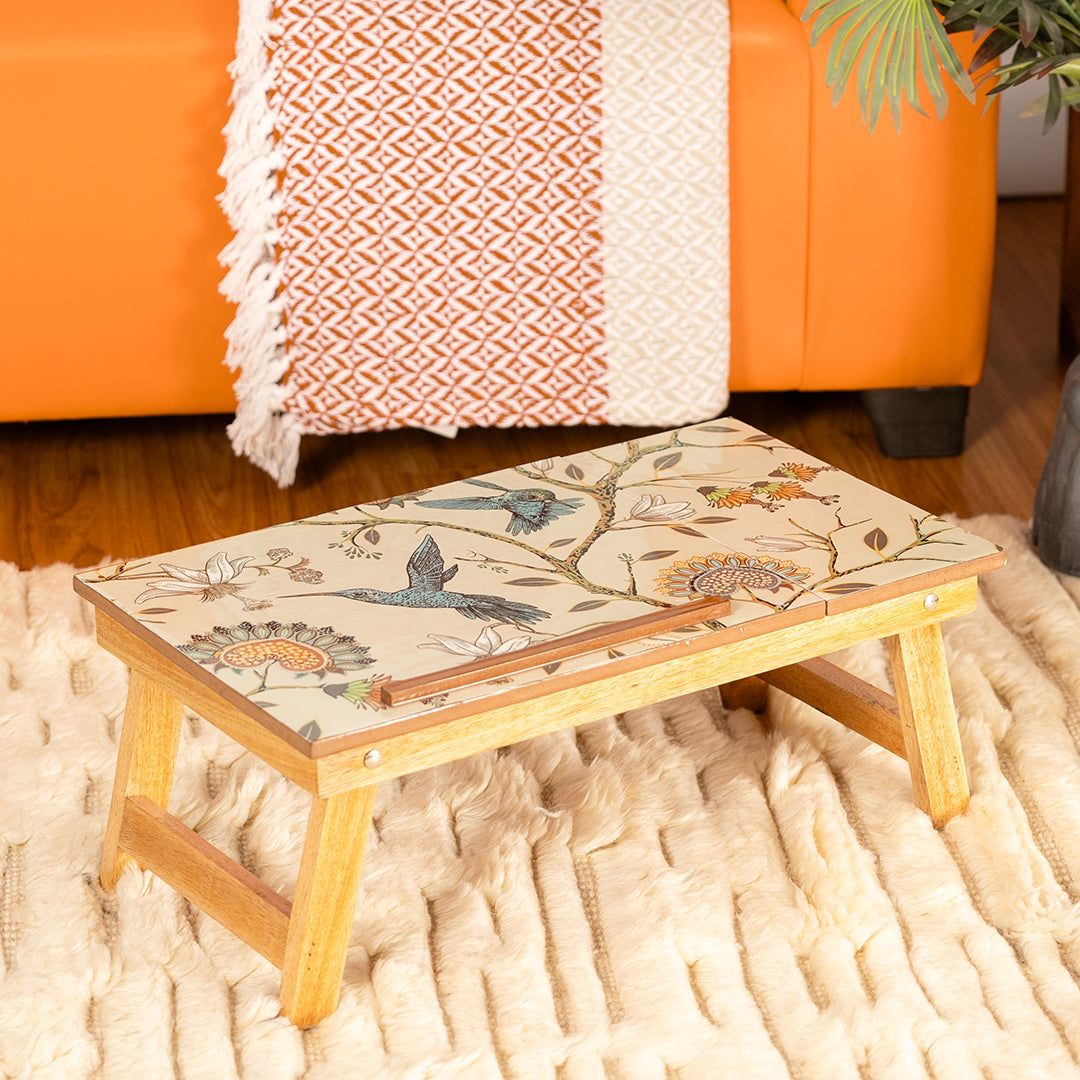 Mango Wood Handmade Folding Laptop Table in Birdflower with Epoxy Resin