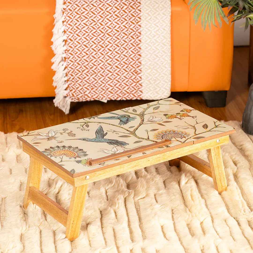 Mango Wood Handmade Folding Laptop Table in Birdflower with Epoxy Resin