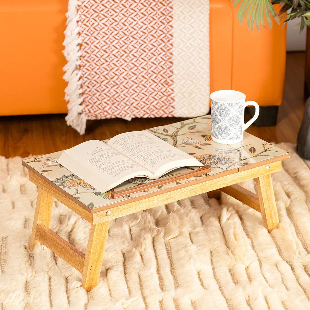 Mango Wood Handmade Folding Laptop Table in Birdflower with Epoxy Resin