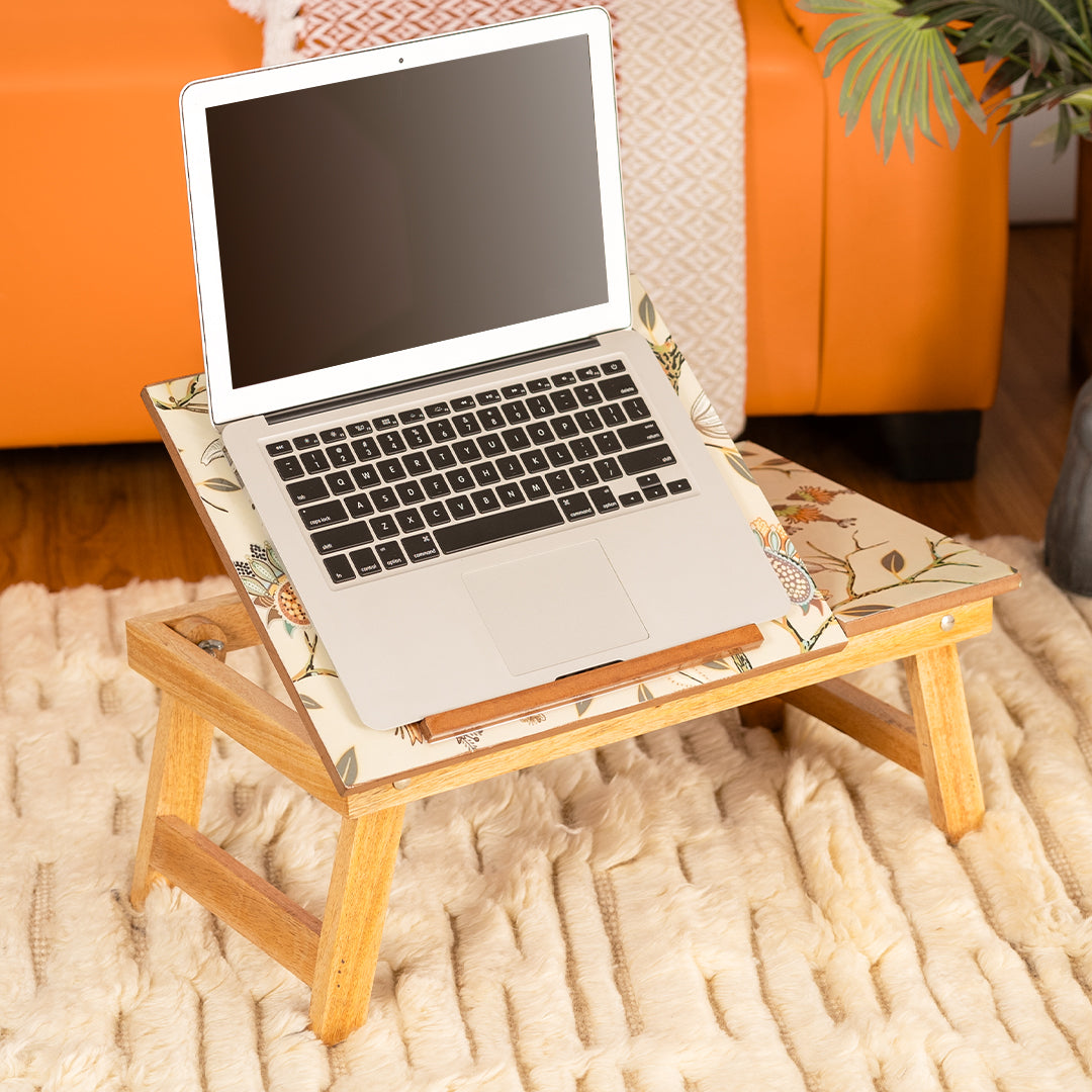 Mango Wood Handmade Folding Laptop Table in Birdflower with Epoxy Resin