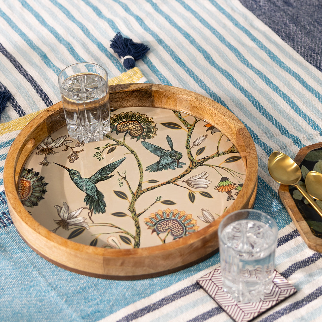 Handcrafted Mango-Wood Wooden Round Tray Flying Birds Design-Single