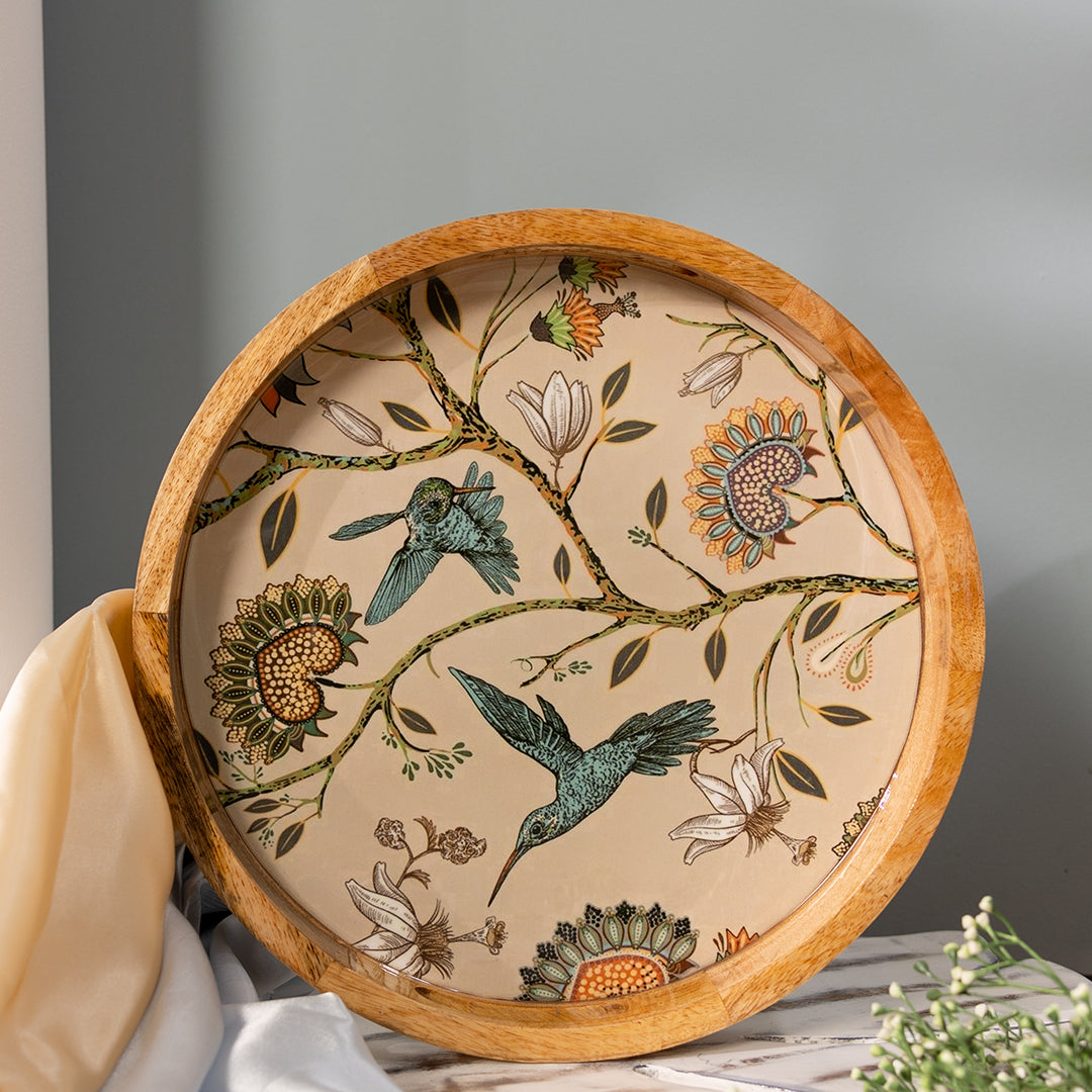 Handcrafted Mango-Wood Wooden Round Tray Flying Birds Design-Single