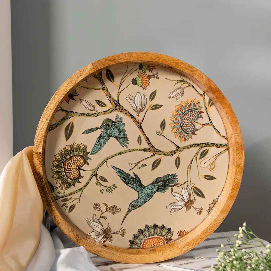 Decorative Mango Wood Serving Tray with Hummingbird Design