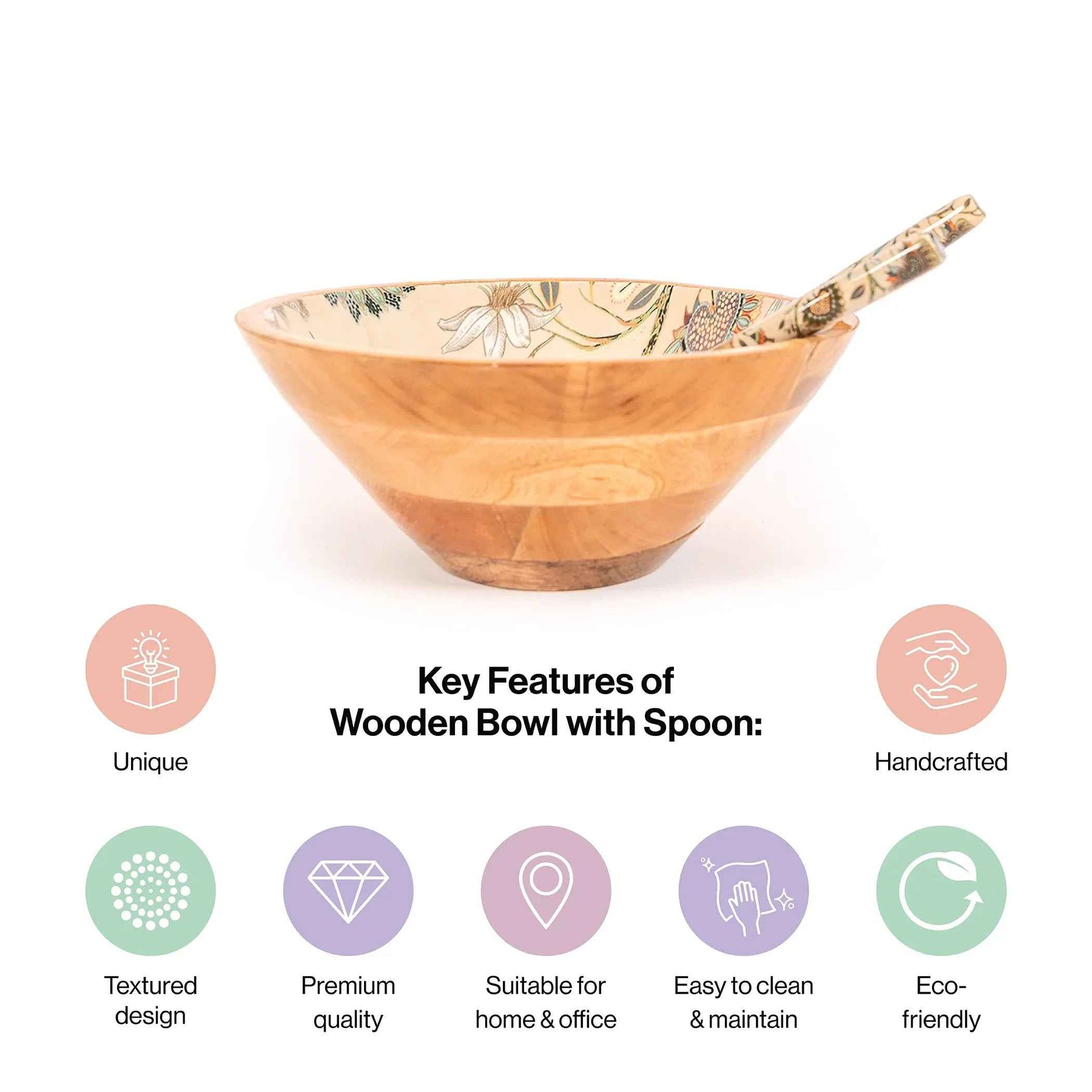Wooden Serving Big Bowl with Spoon in Hummingbird Floral Design