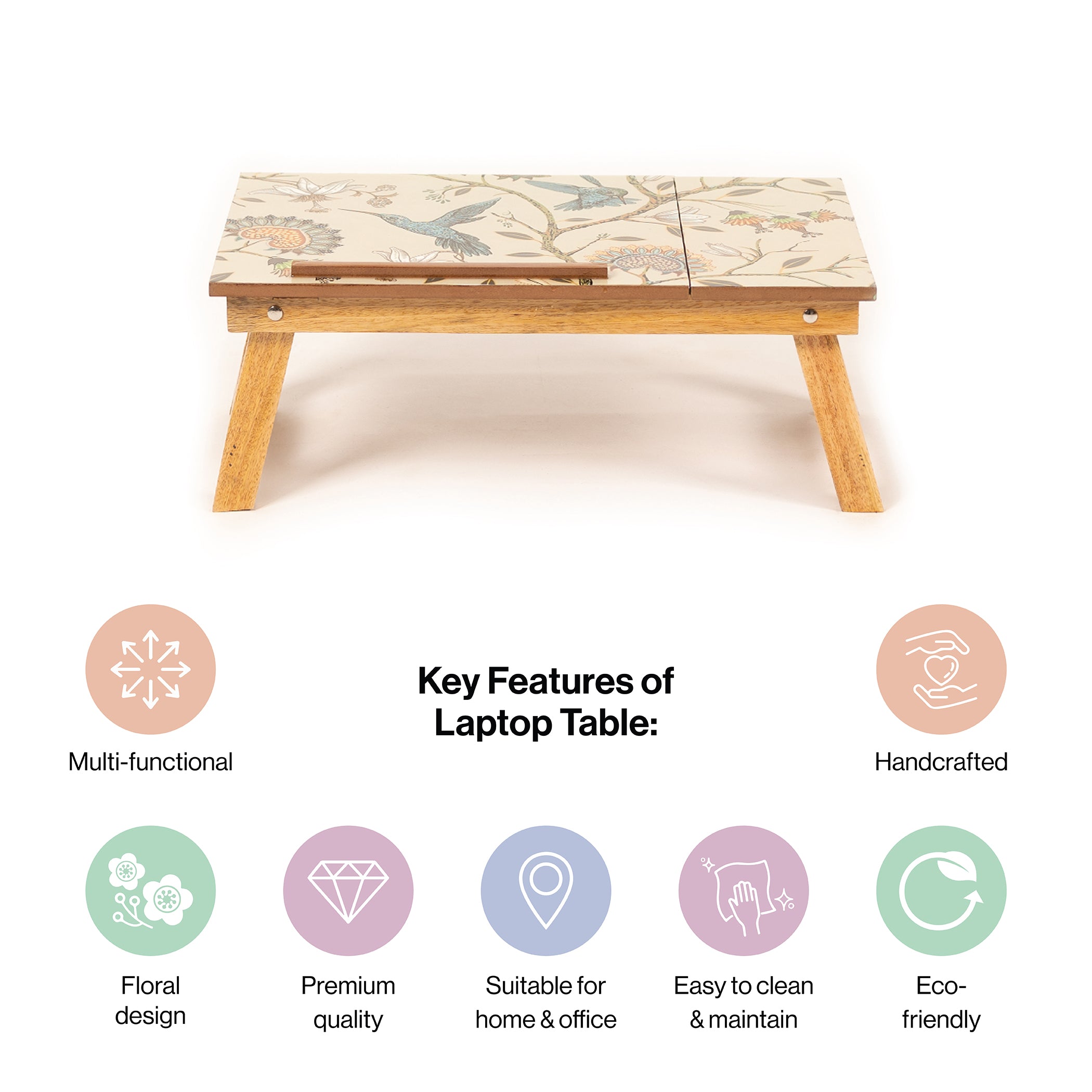 Mango Wood Handmade Folding Laptop Table in Birdflower with Epoxy Resin