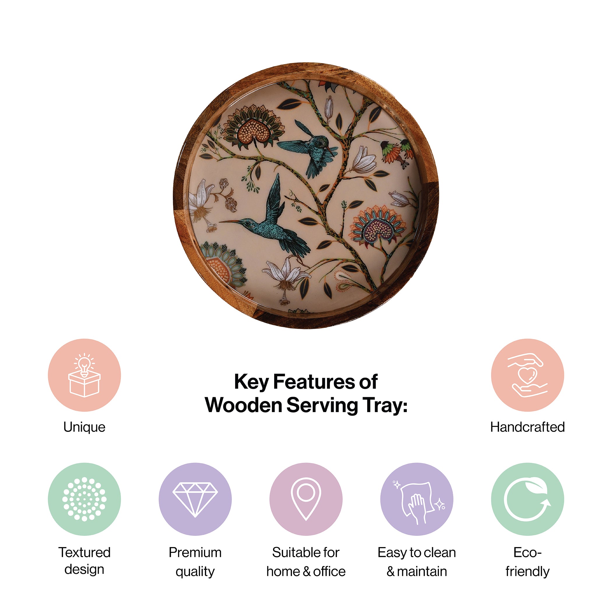 Handcrafted Mango-Wood Wooden Round Tray Flying Birds Design-Single