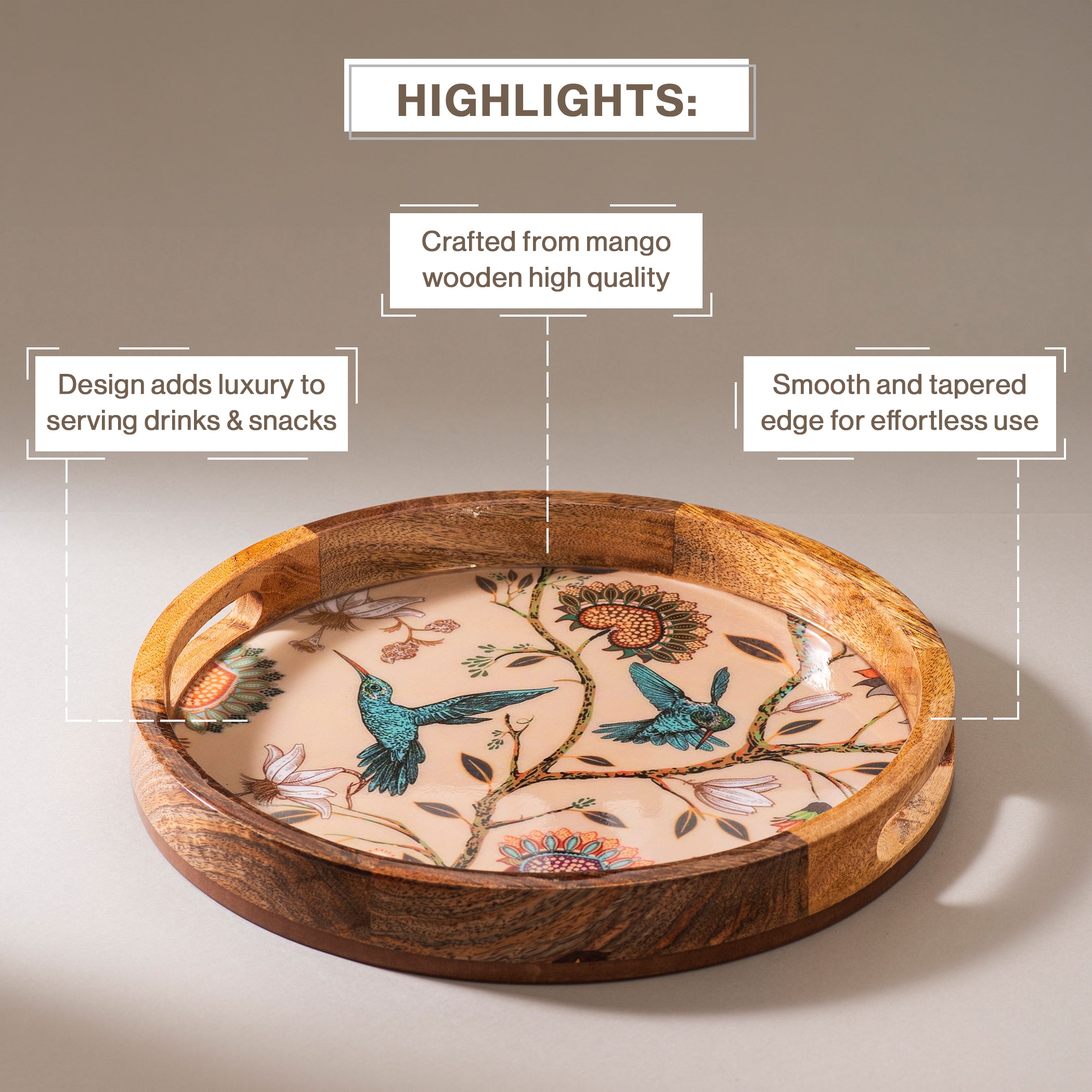 Handcrafted Mango-Wood Wooden Round Tray Flying Birds Design-Single