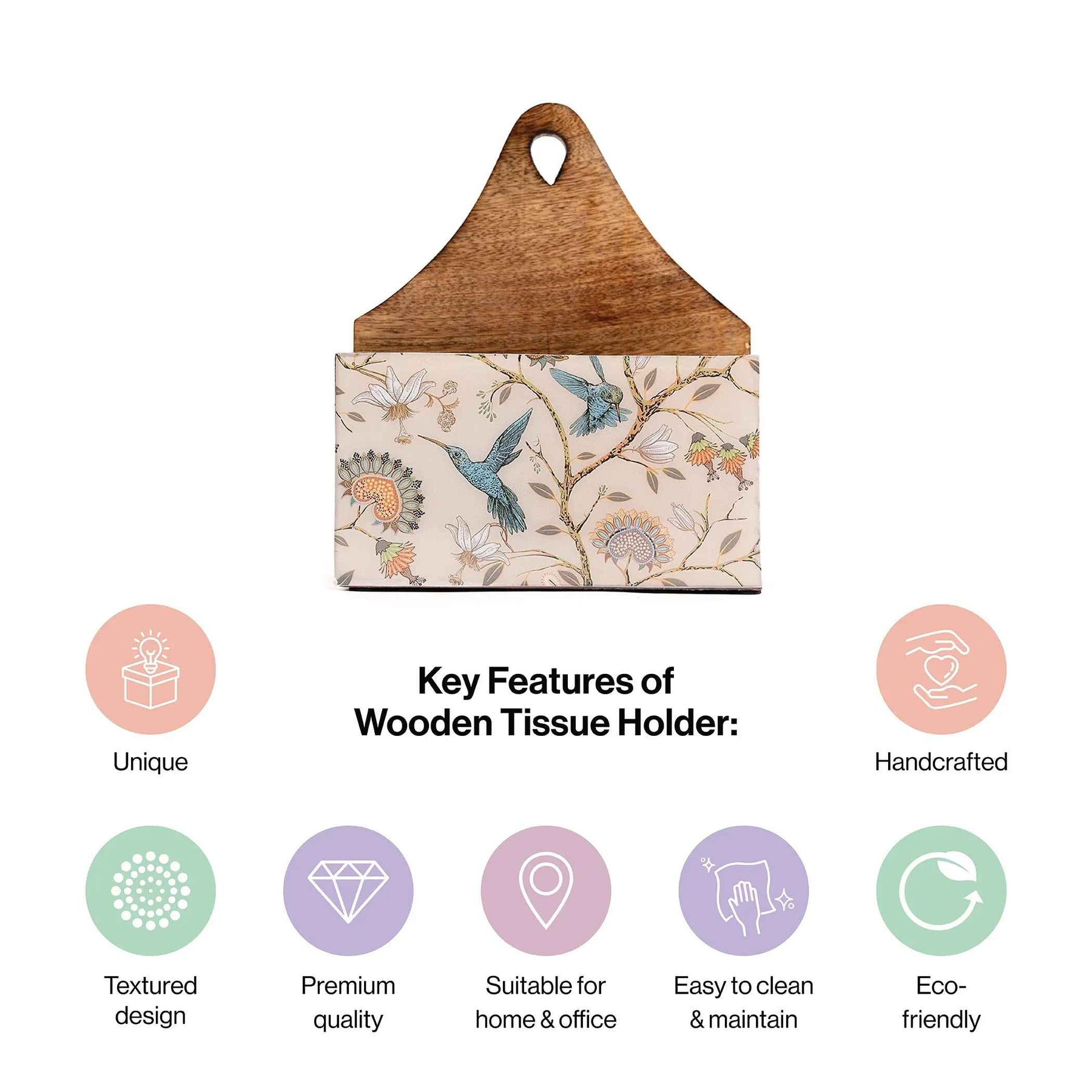 Decorative Mango Wood Tissue Holder with Birdflower Design