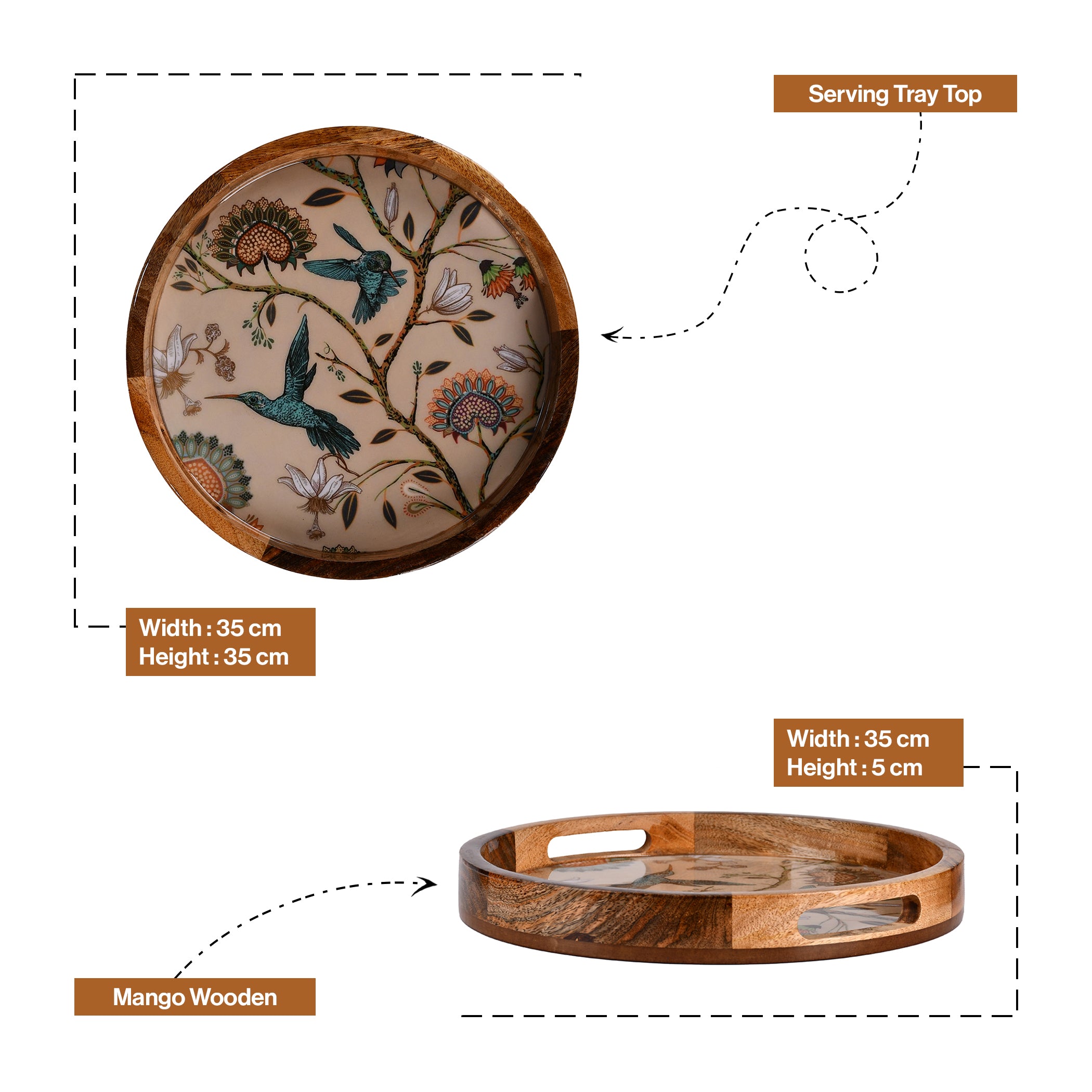 Handcrafted Mango-Wood Wooden Round Tray Flying Birds Design-Single
