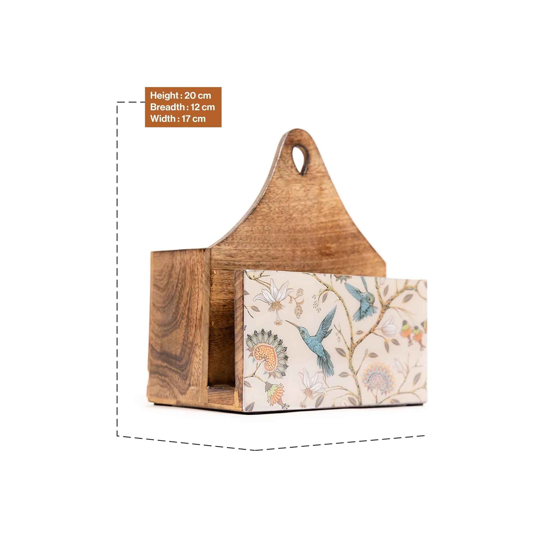 Decorative Mango Wood Tissue Holder with Birdflower Design