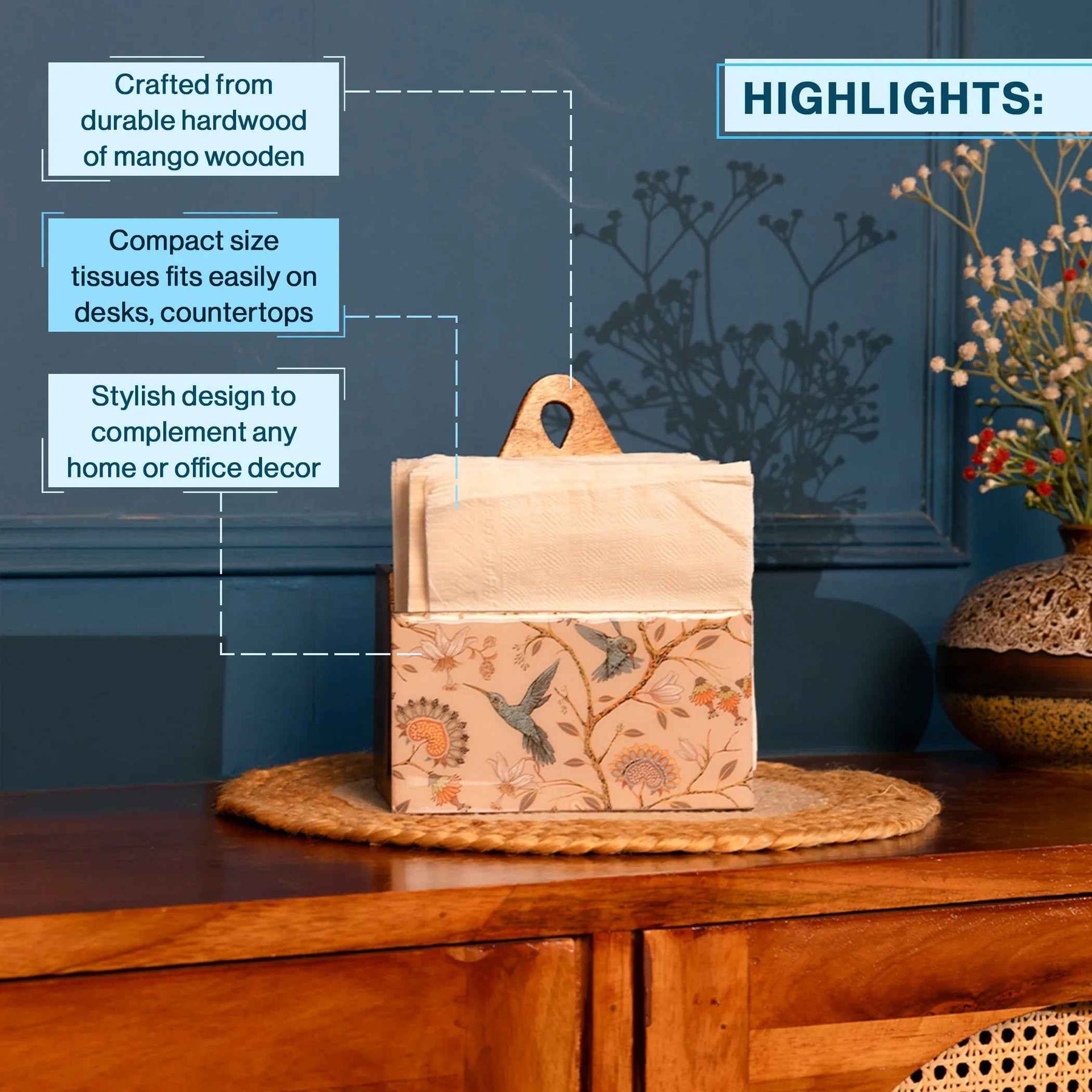 Decorative Mango Wood Tissue Holder with Birdflower Design