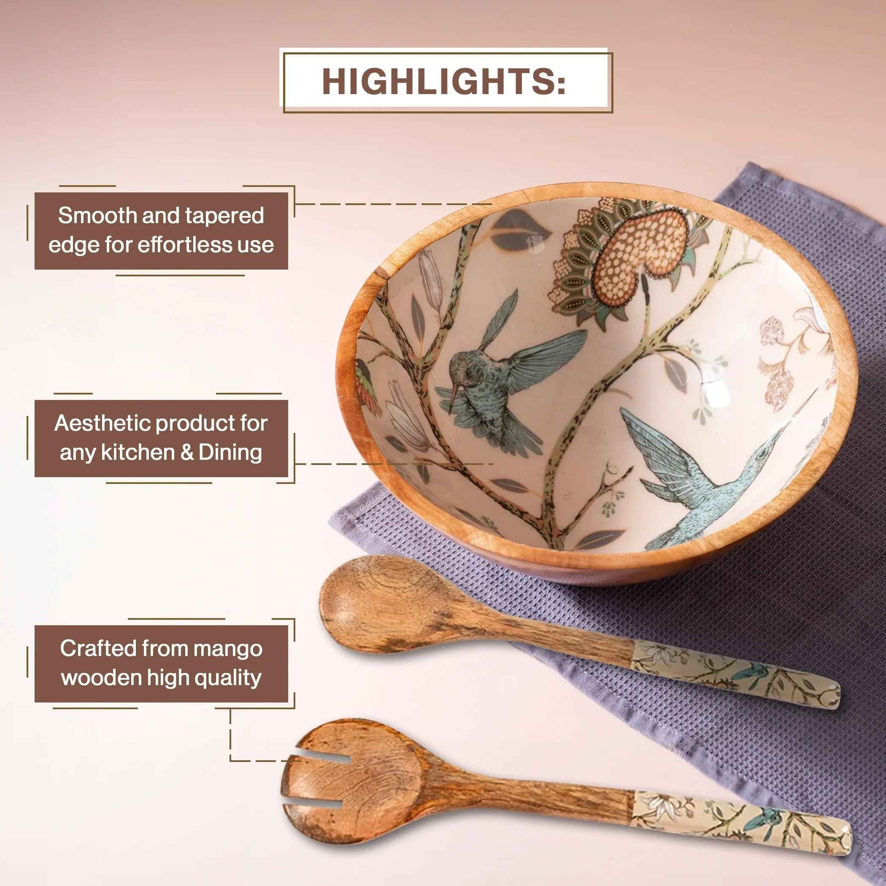 Wooden Serving Big Bowl with Spoon in Hummingbird Floral Design