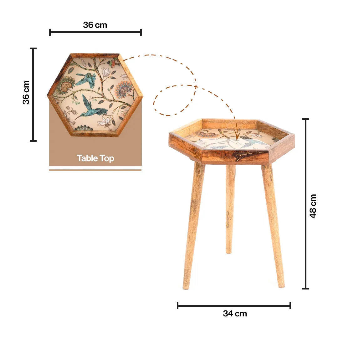 Wooden Hexagon Side Table with Floral Bird Printed Tray Top in Mango Wood
