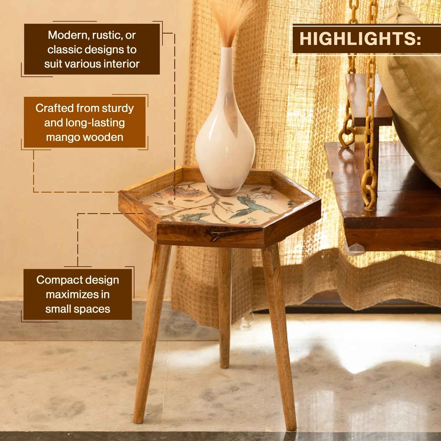 Wooden Hexagon Side Table with Floral Bird Printed Tray Top in Mango Wood