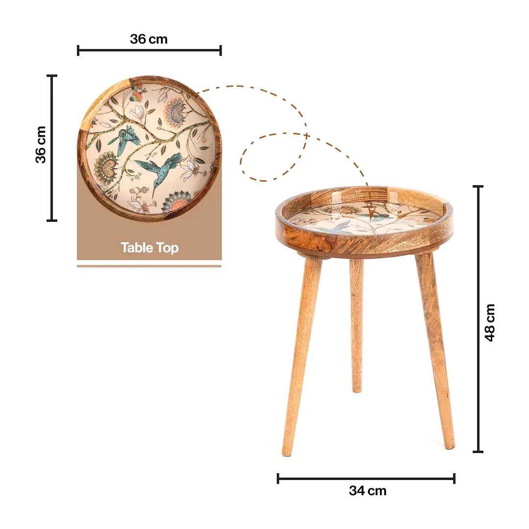 Mango Wood Round Side End Table Set In Birdflower