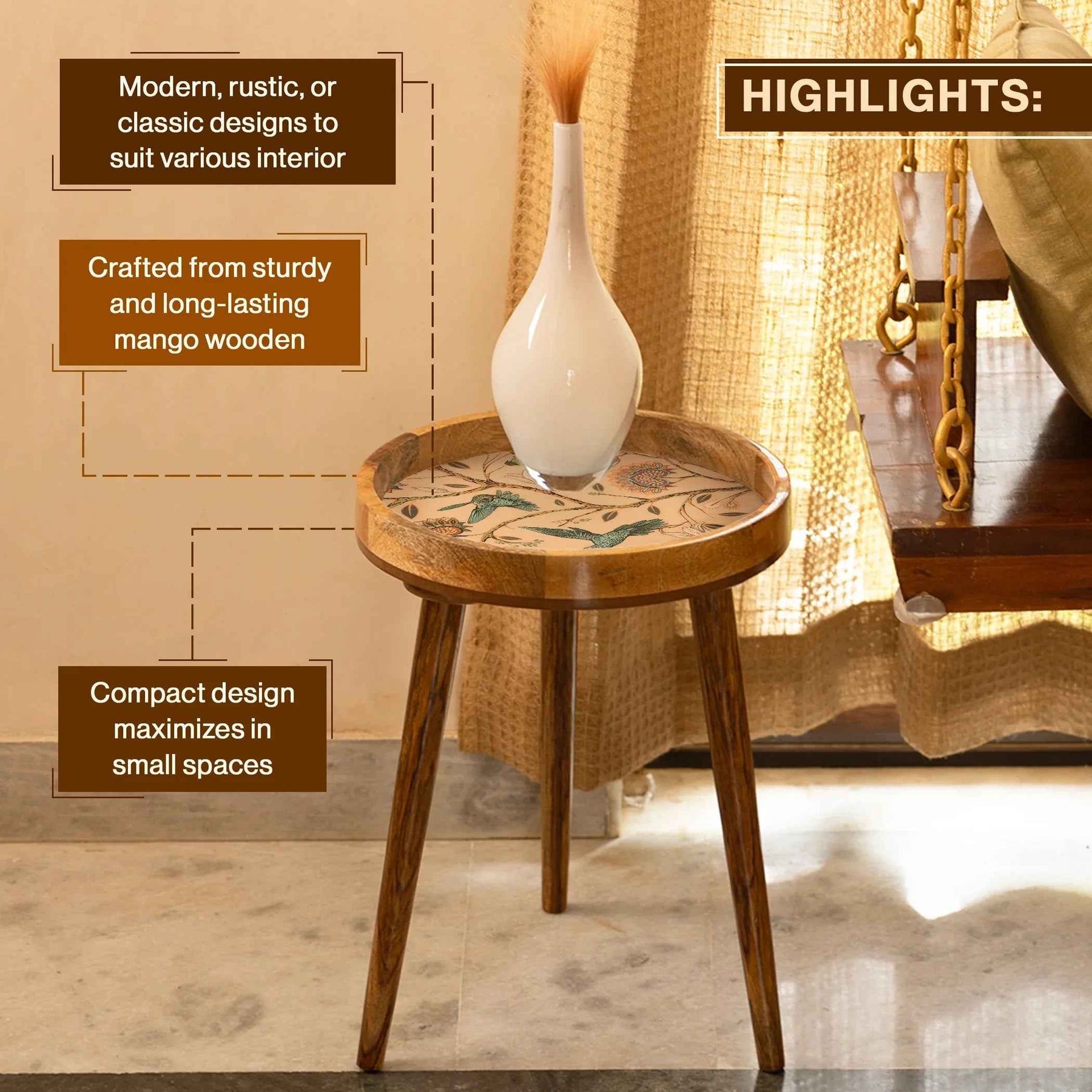 Mango Wood Round Side End Table Set In Birdflower