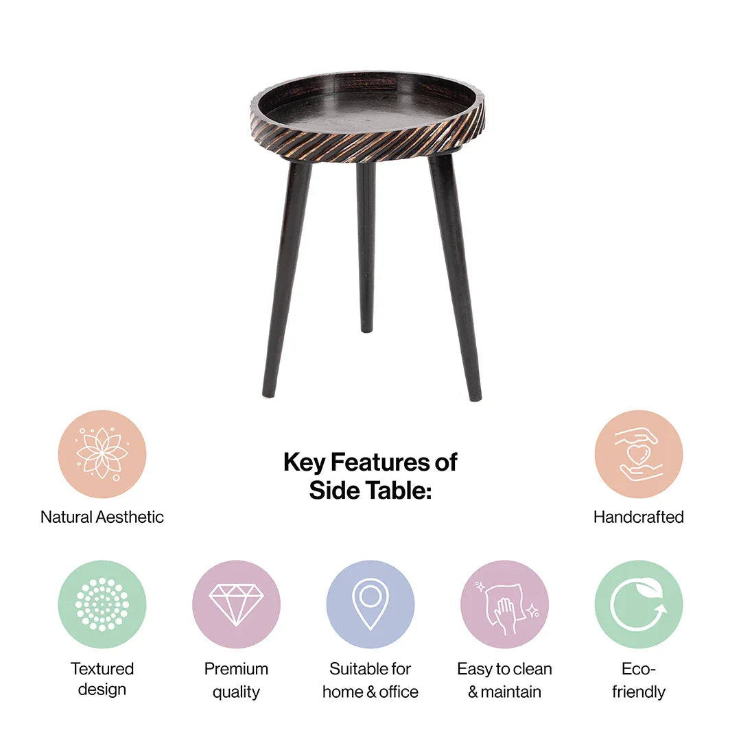 Mango Wood Round Side Table Set with Black Charcoal Cut Pattern