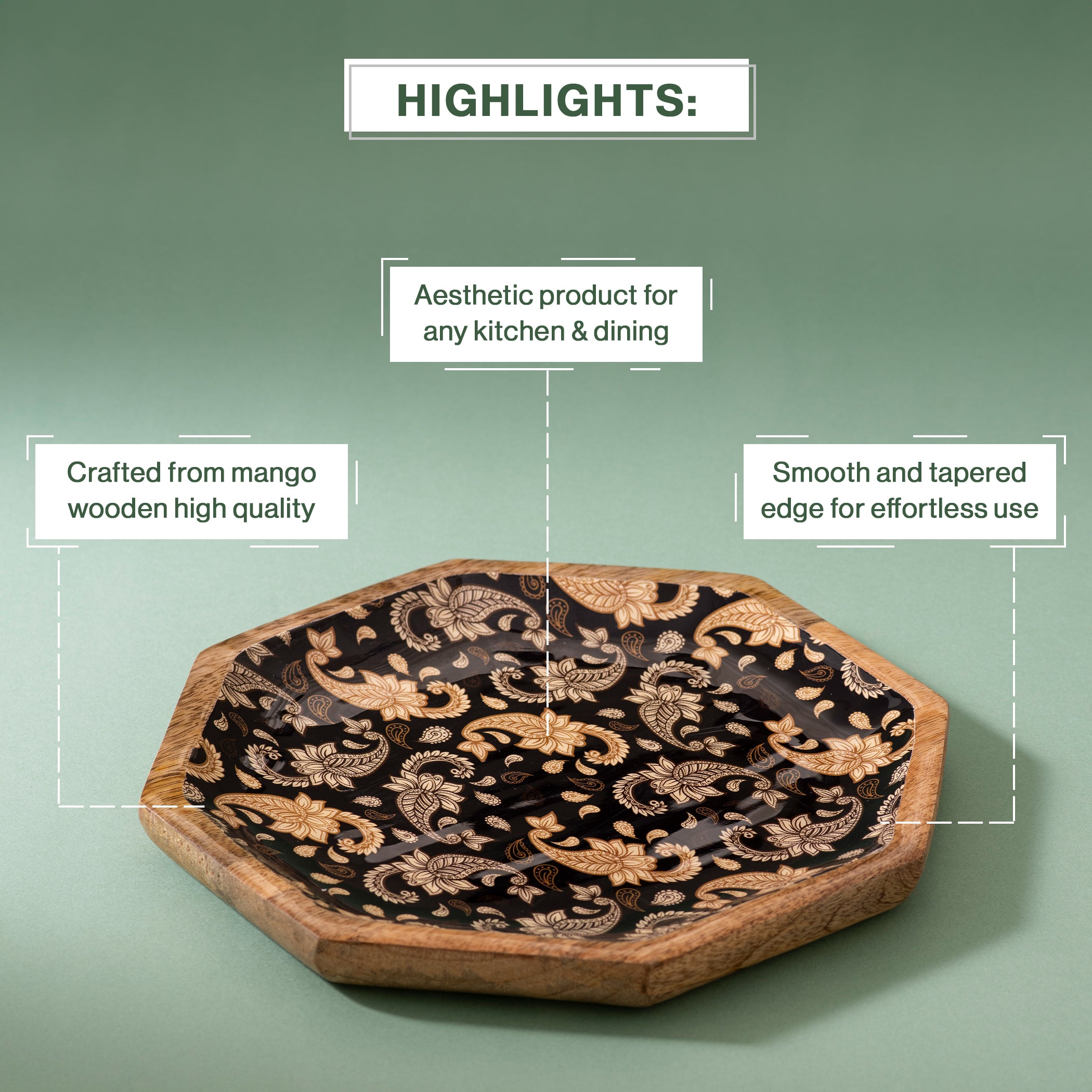 Handcrafted Mango-Wood Black Paisley Printed Platters Tray-Set Of 2