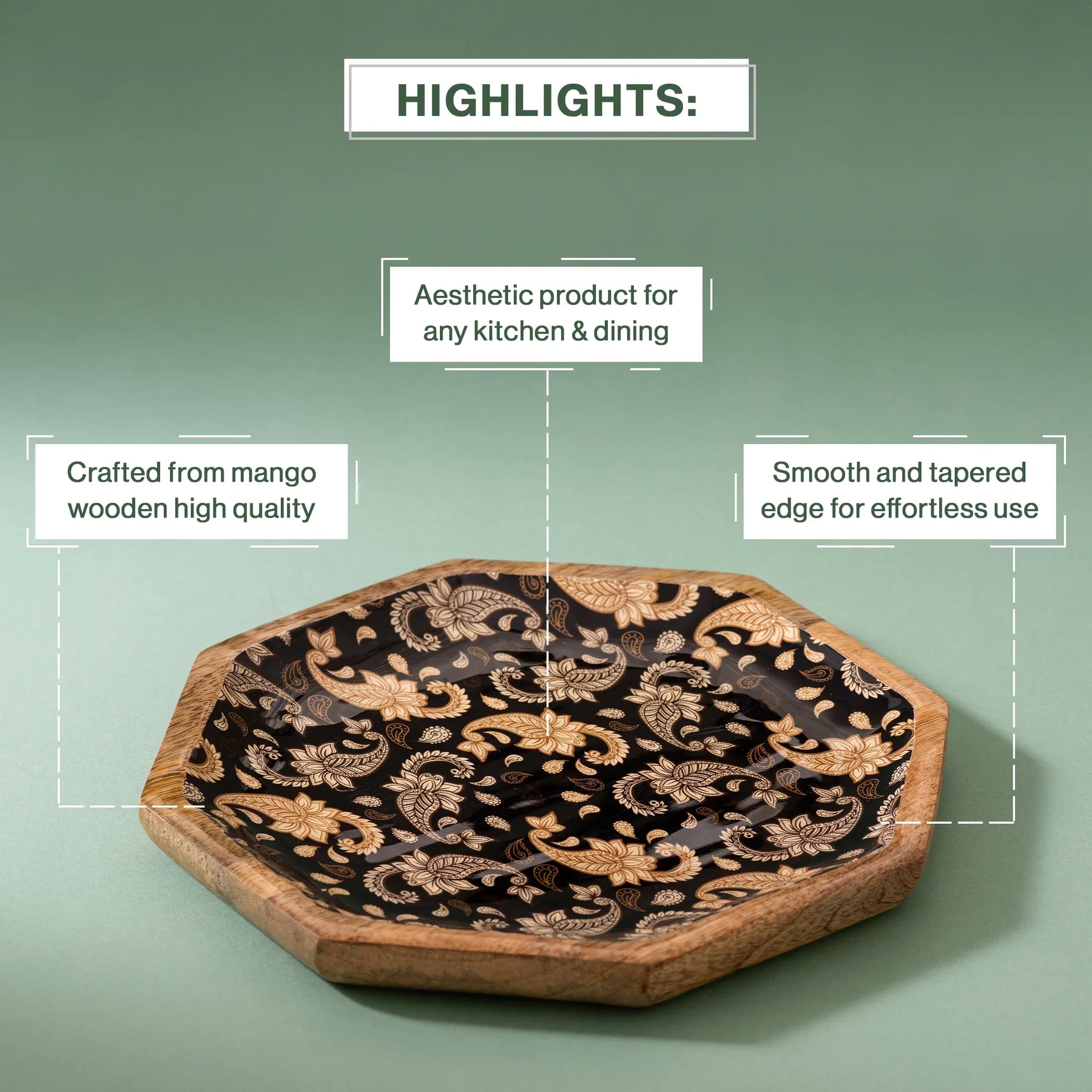 Handcrafted Mango-Wood Black Paisley Printed Platters Tray-Set Of 2